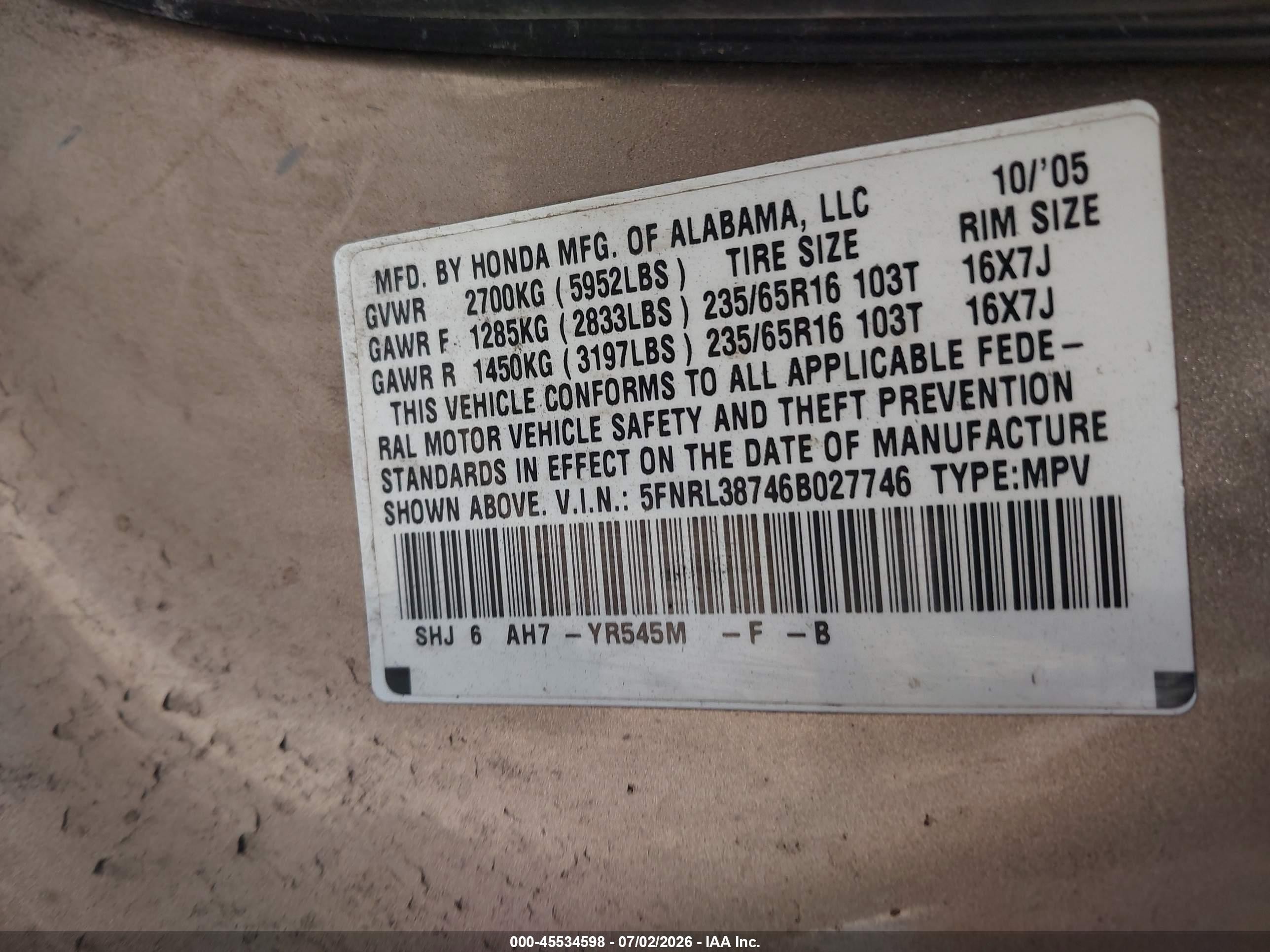 2006 Honda Odyssey Ex-l Tan vin: 5FNRL38746B027746