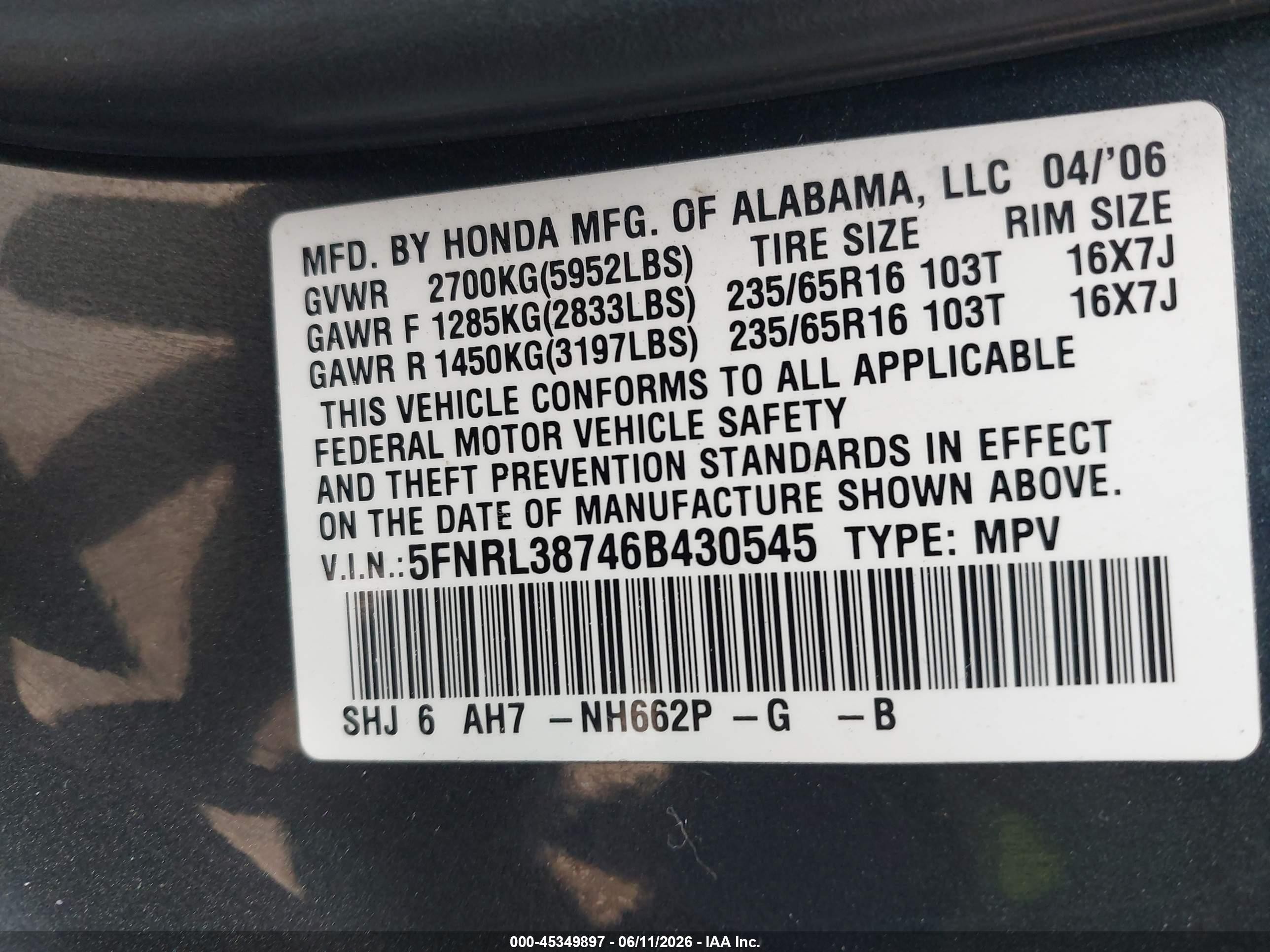 2006 Honda Odyssey Ex-l Pewter vin: 5FNRL38746B430545