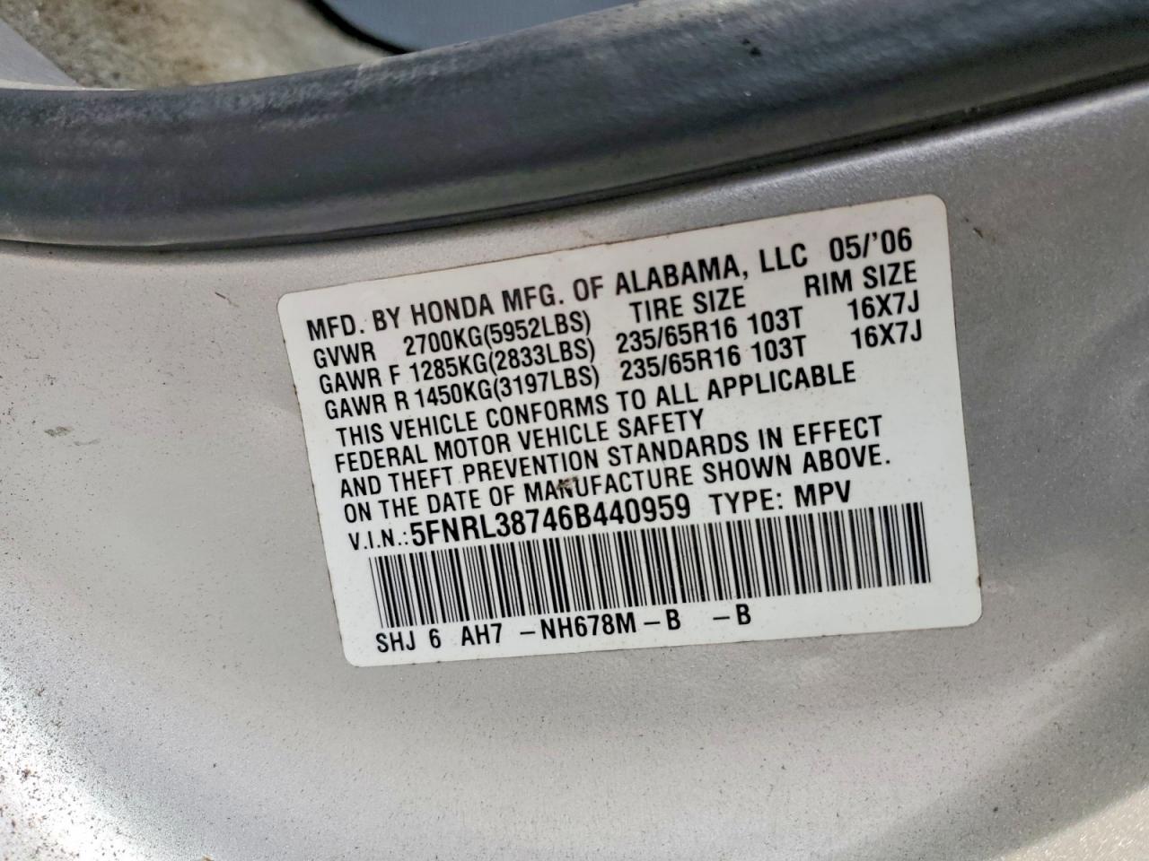 2006 Honda Odyssey Exl Серебряный vin: 5FNRL38746B440959