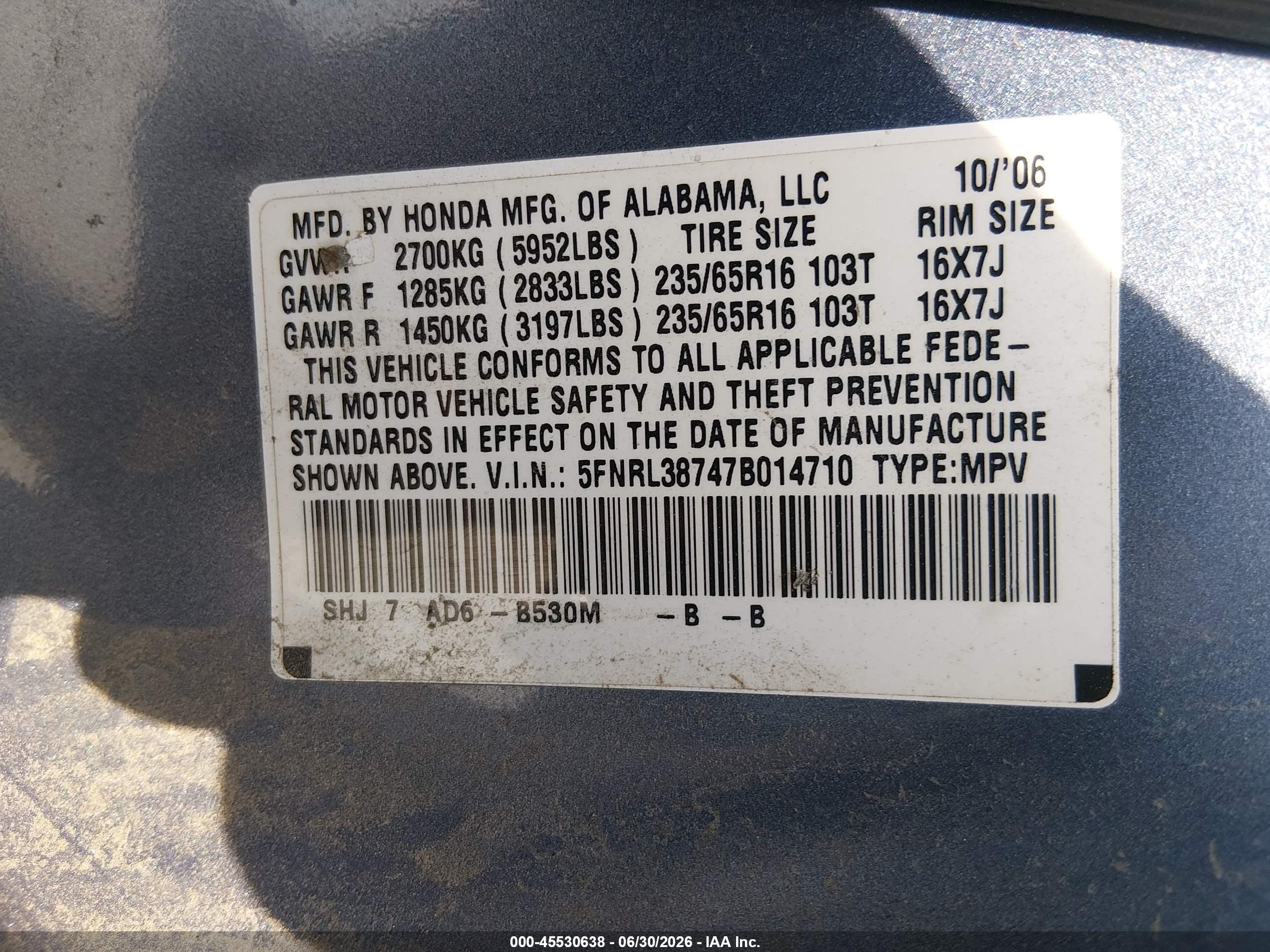 2007 Honda Odyssey Ex-l Blue vin: 5FNRL38747B014710