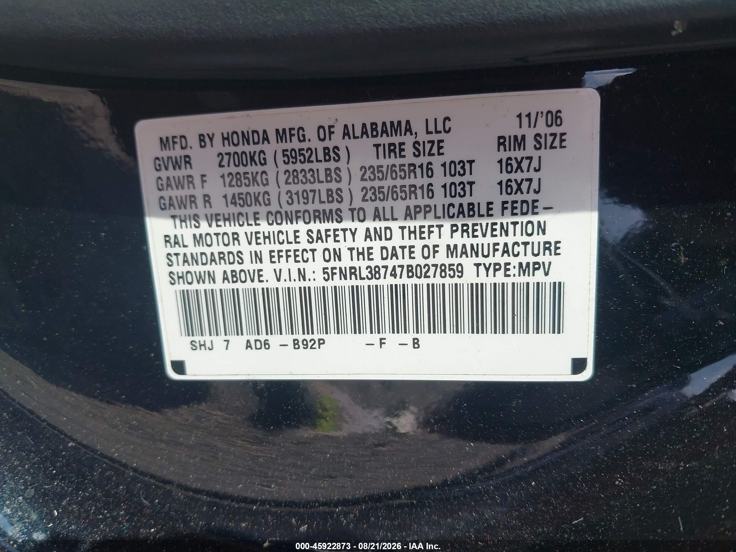 2007 Honda Odyssey Ex-l Black vin: 5FNRL38747B027859