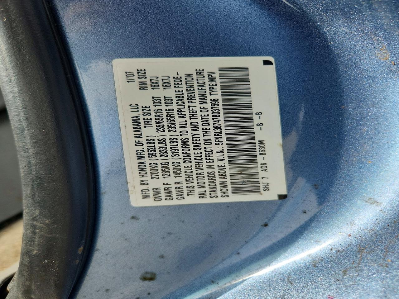 2007 Honda Odyssey Exl Blue vin: 5FNRL38747B037596