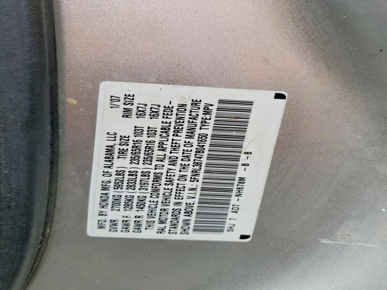 2007 Honda Odyssey Silver vin: 5FNRL38747B041650