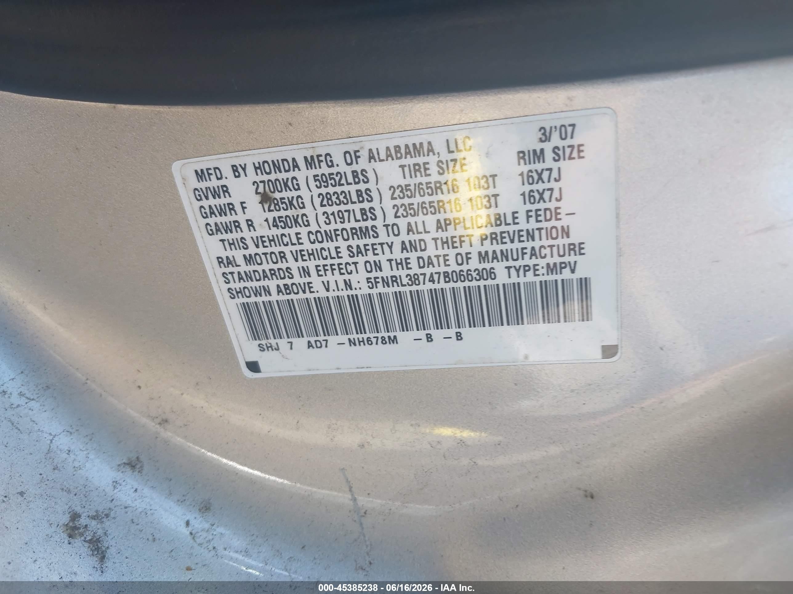 2007 Honda Odyssey Ex-l Silver vin: 5FNRL38747B066306