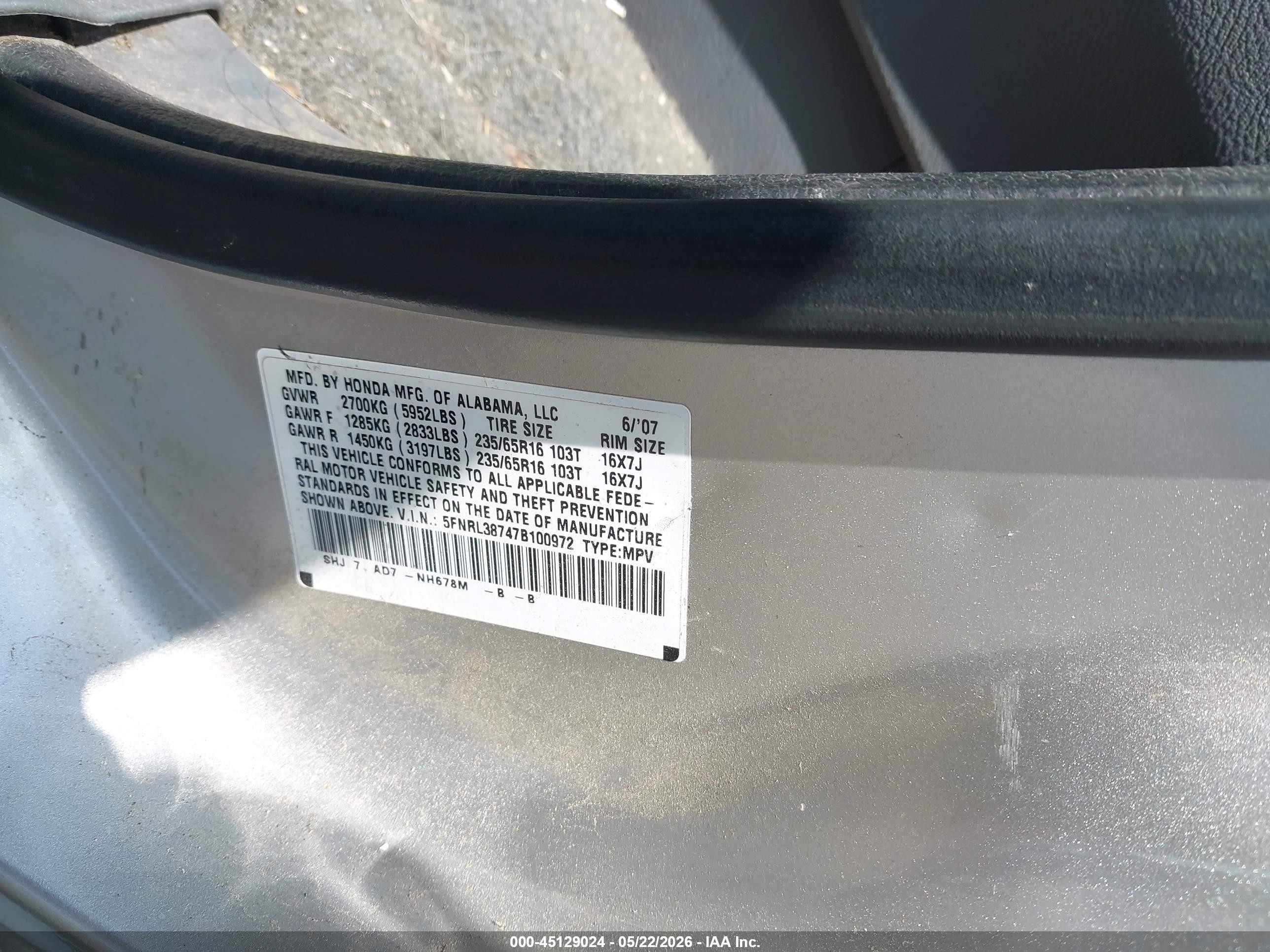 2007 Honda Odyssey Ex-l Silver vin: 5FNRL38747B100972