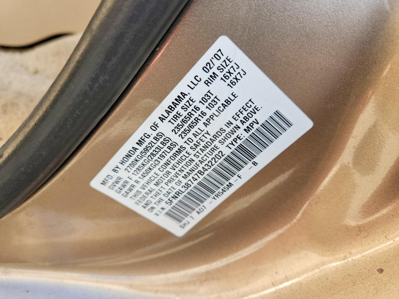 2007 Honda Odyssey Exl Золотой vin: 5FNRL38747B432202