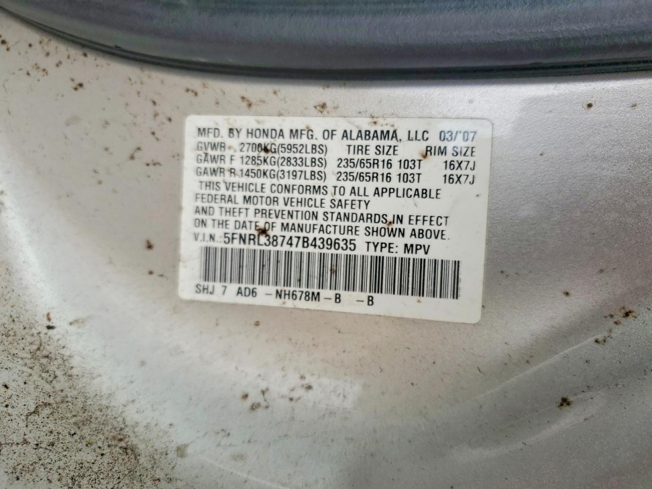2007 Honda Odyssey Exl Silver vin: 5FNRL38747B439635