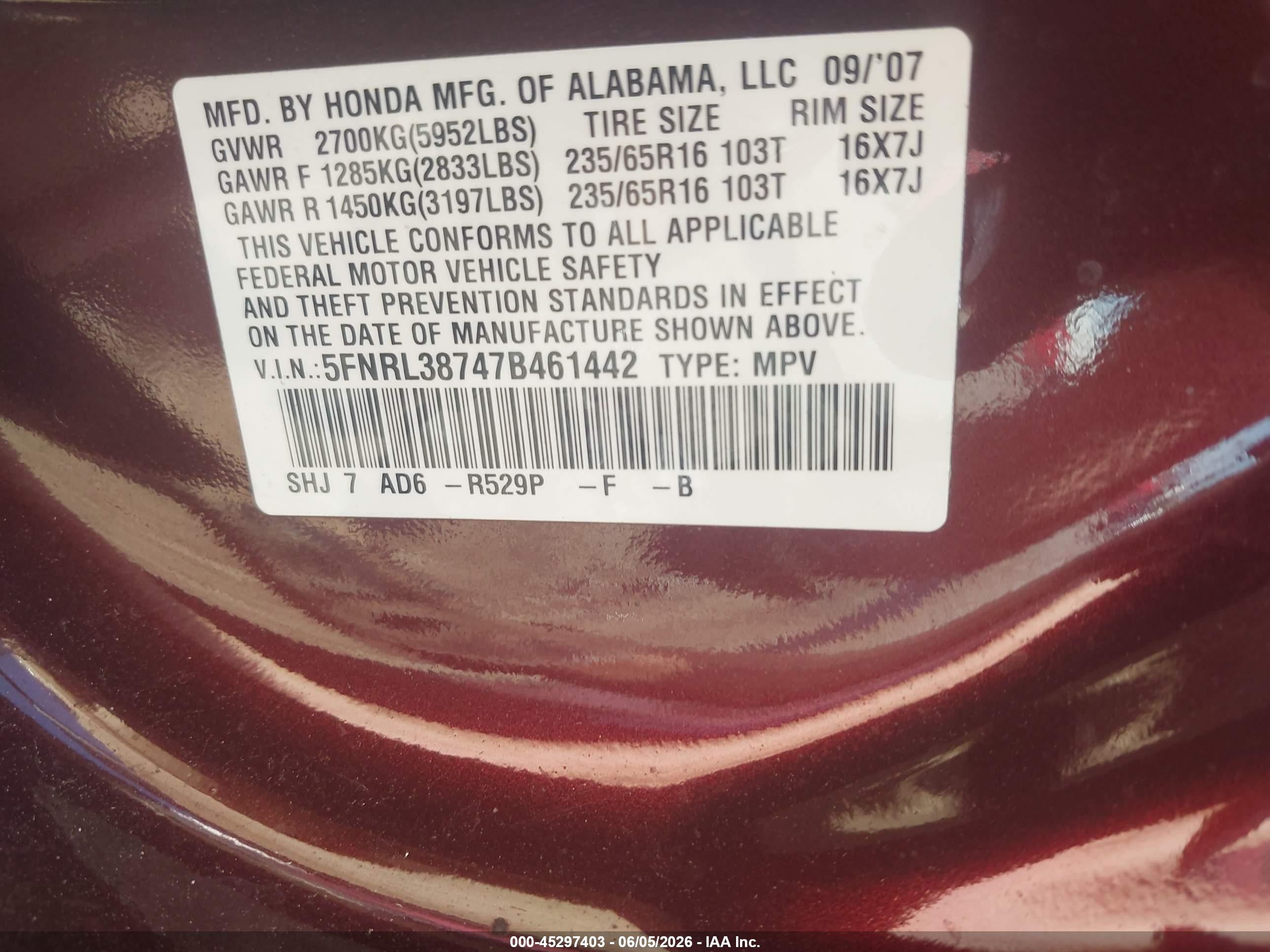2007 Honda Odyssey Ex-l Maroon vin: 5FNRL38747B461442
