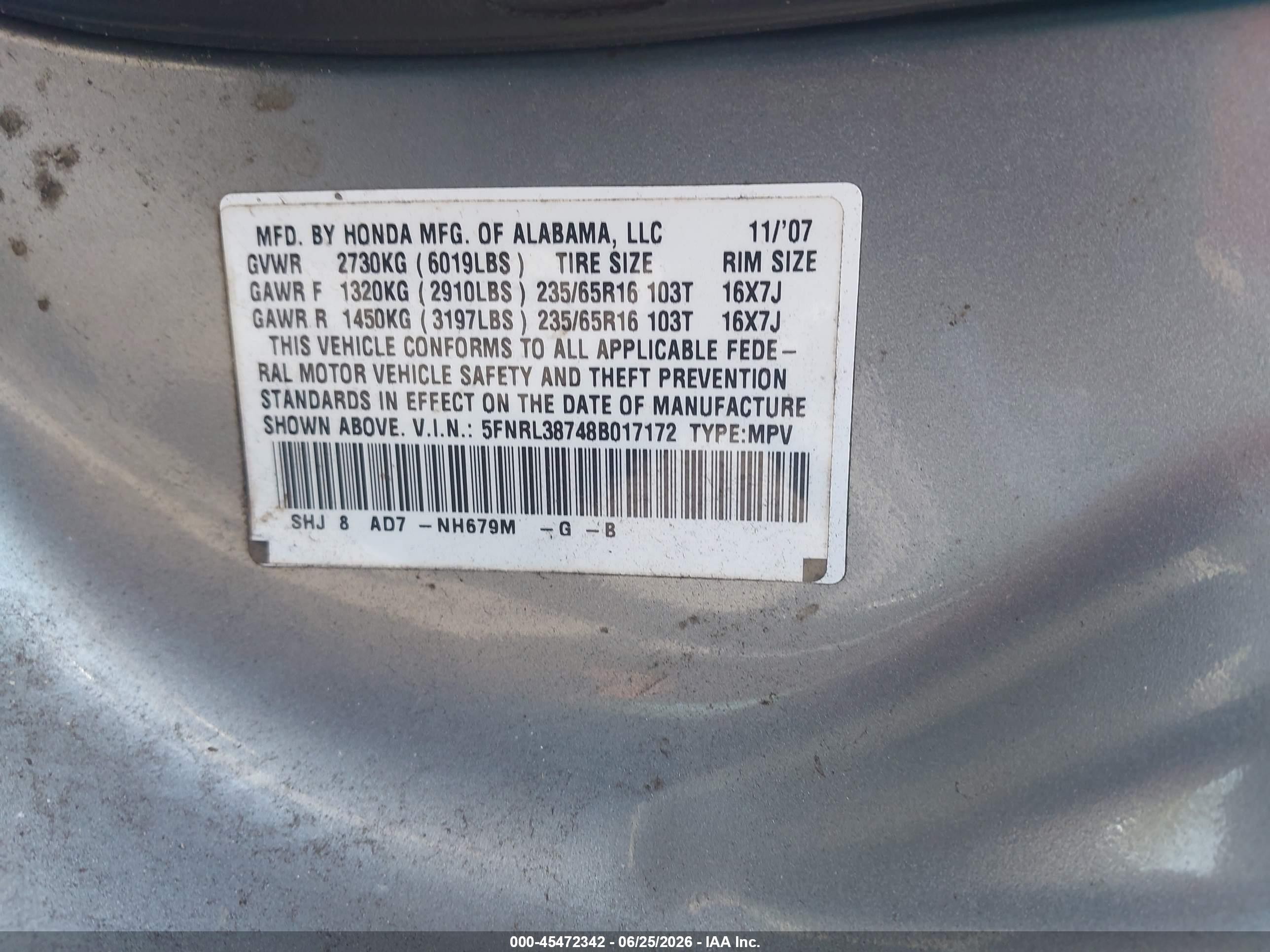 2008 Honda Odyssey Ex-l Blue vin: 5FNRL38748B017172