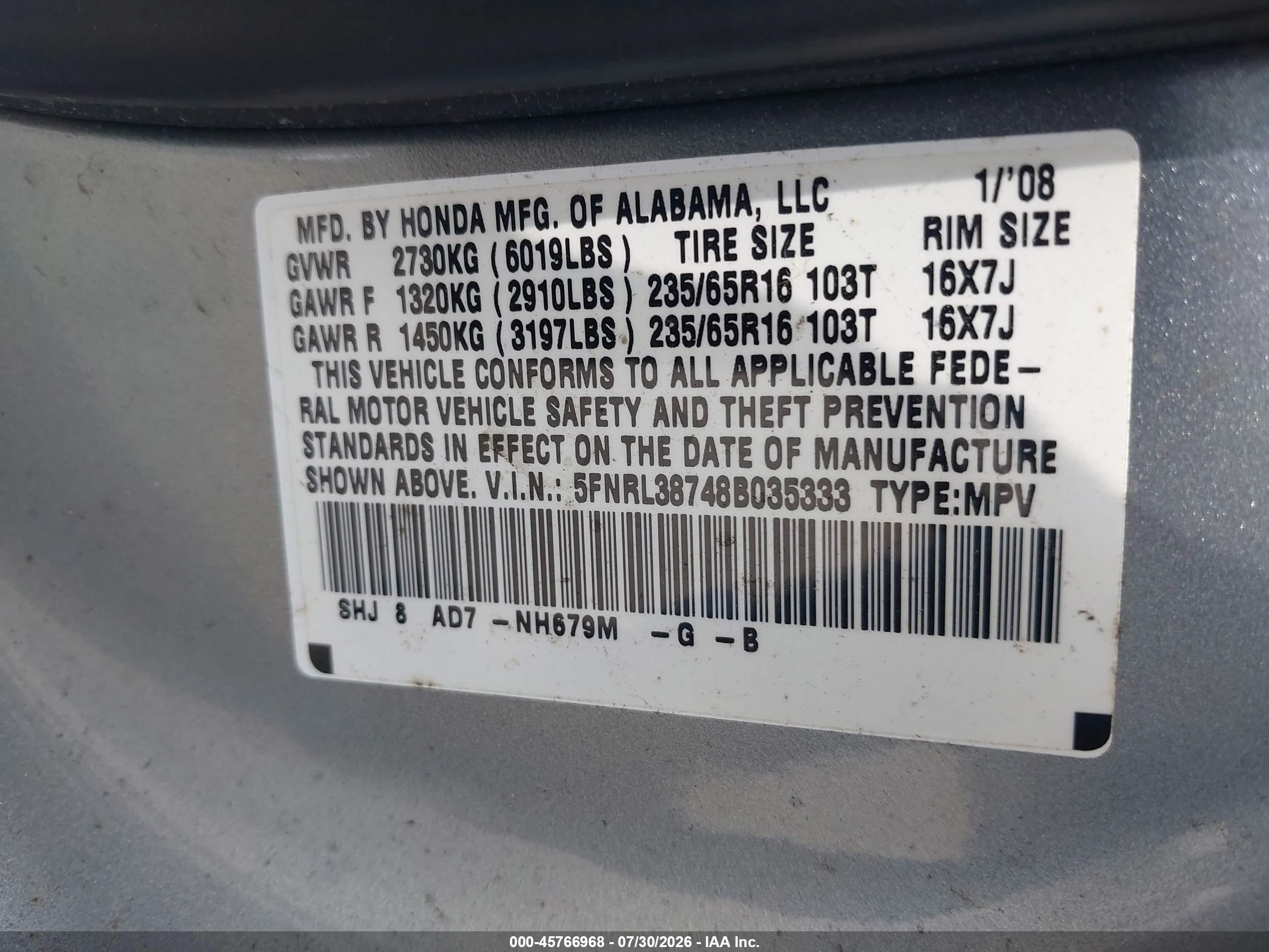 2008 Honda Odyssey Ex-l Gray vin: 5FNRL38748B035333