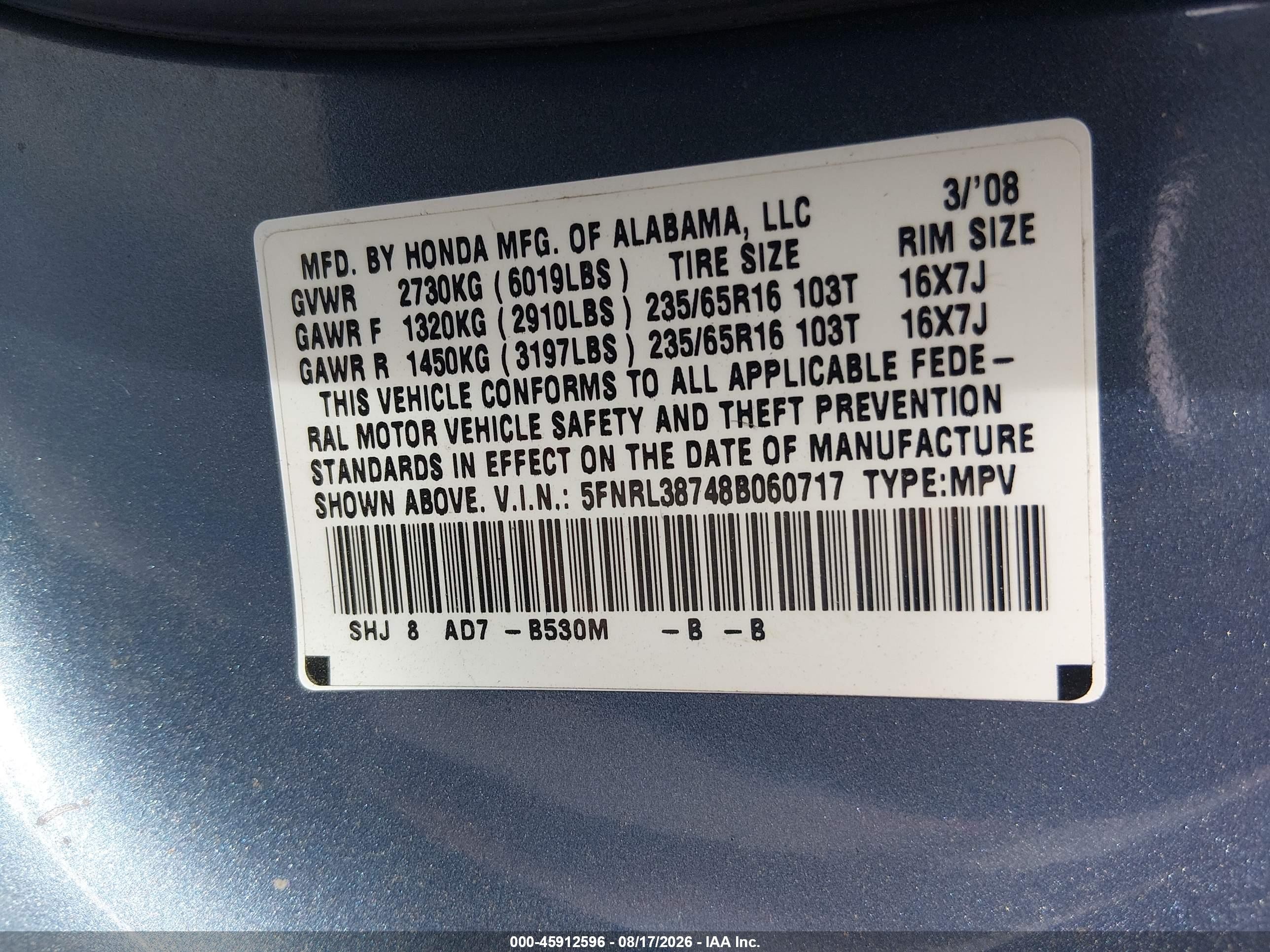 2008 Honda Odyssey Ex-l Blue vin: 5FNRL38748B060717