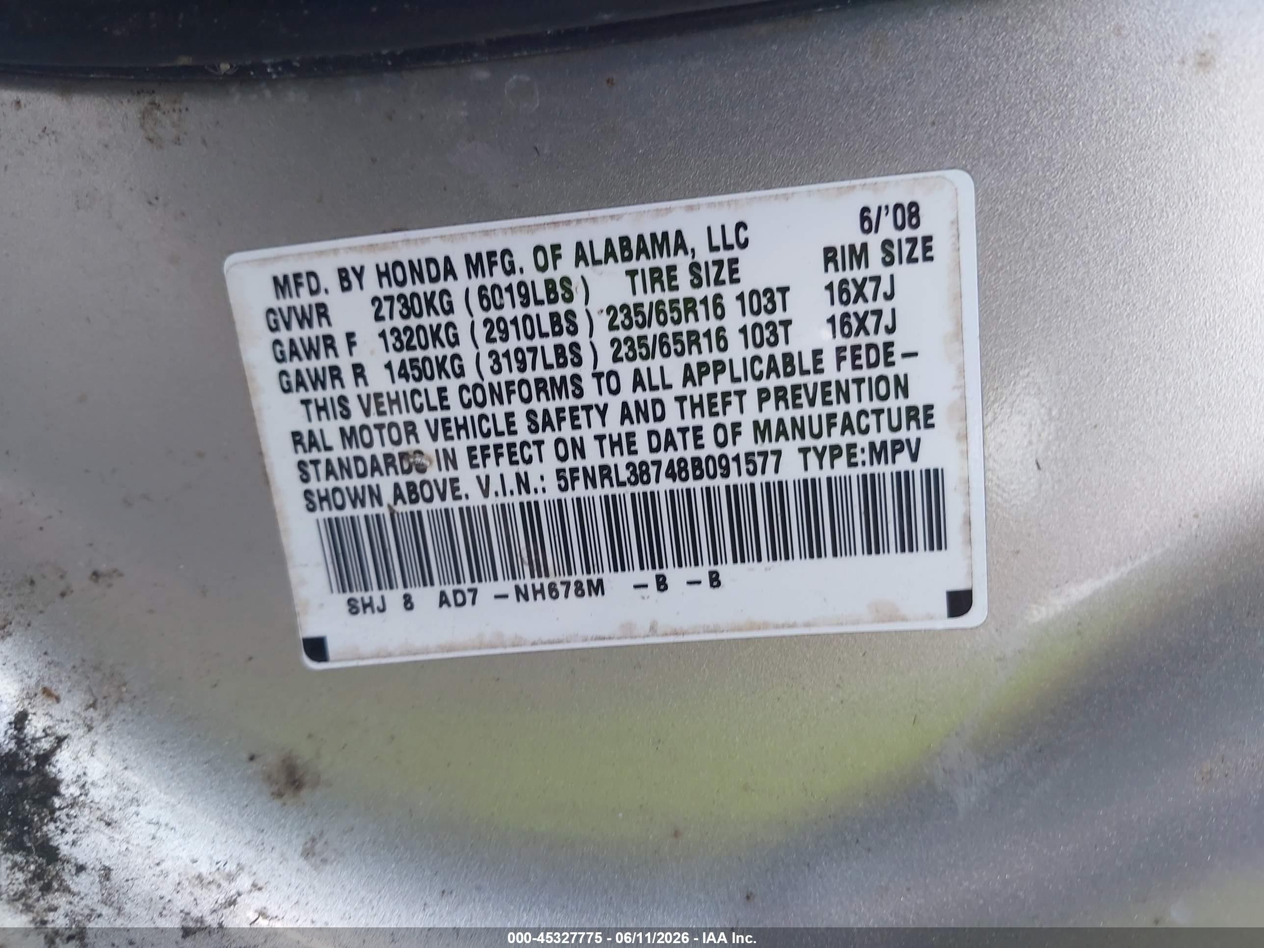 2008 Honda Odyssey Ex-l Silver vin: 5FNRL38748B091577