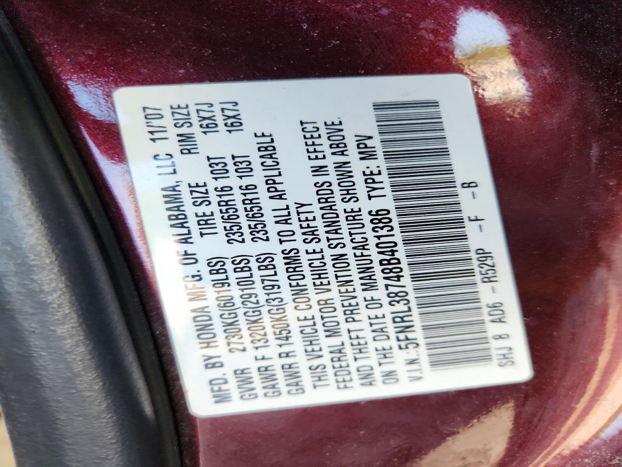 2008 Honda Odyssey Exl Burgundy vin: 5FNRL38748B401386