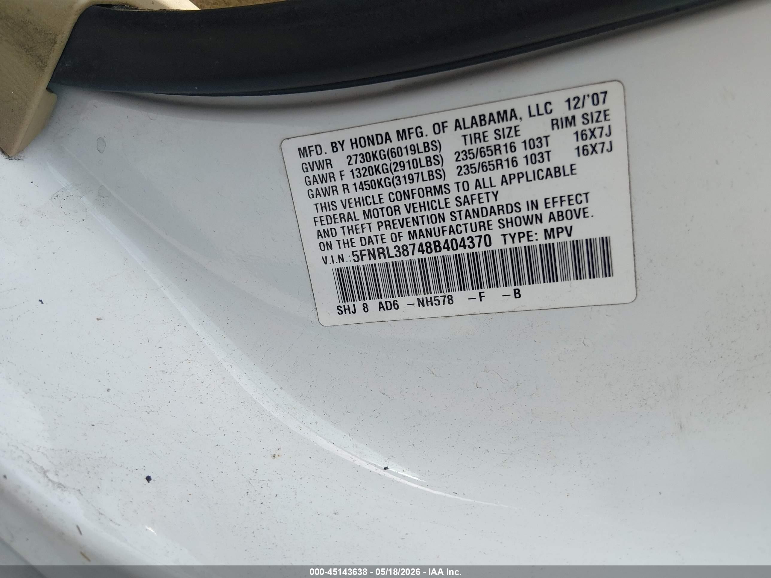 2008 Honda Odyssey Exl White vin: 5FNRL38748B404370
