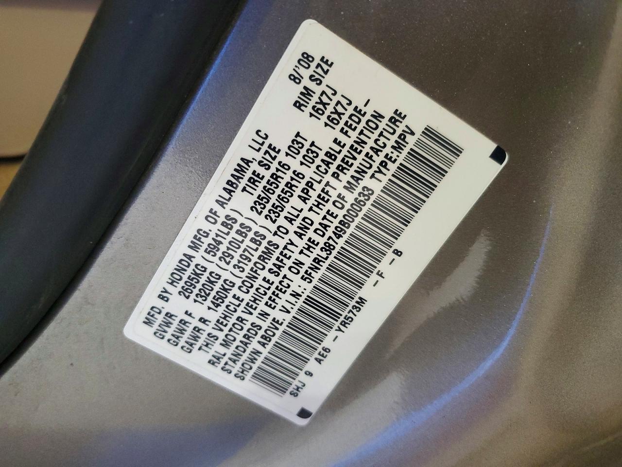 2009 Honda Odyssey Exl Gold vin: 5FNRL38749B000633