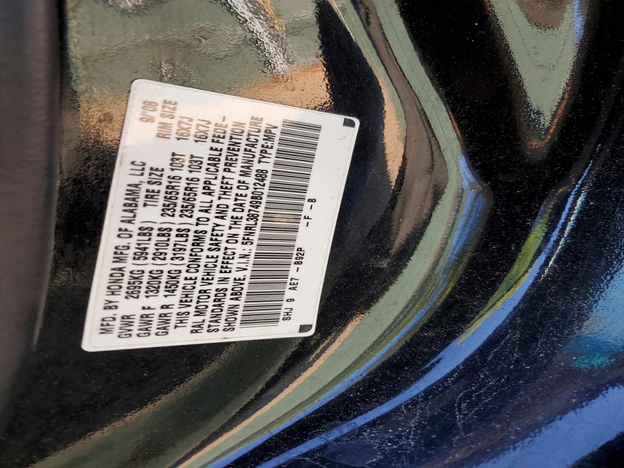 2009 Honda Odyssey Exl Black vin: 5FNRL38749B012488