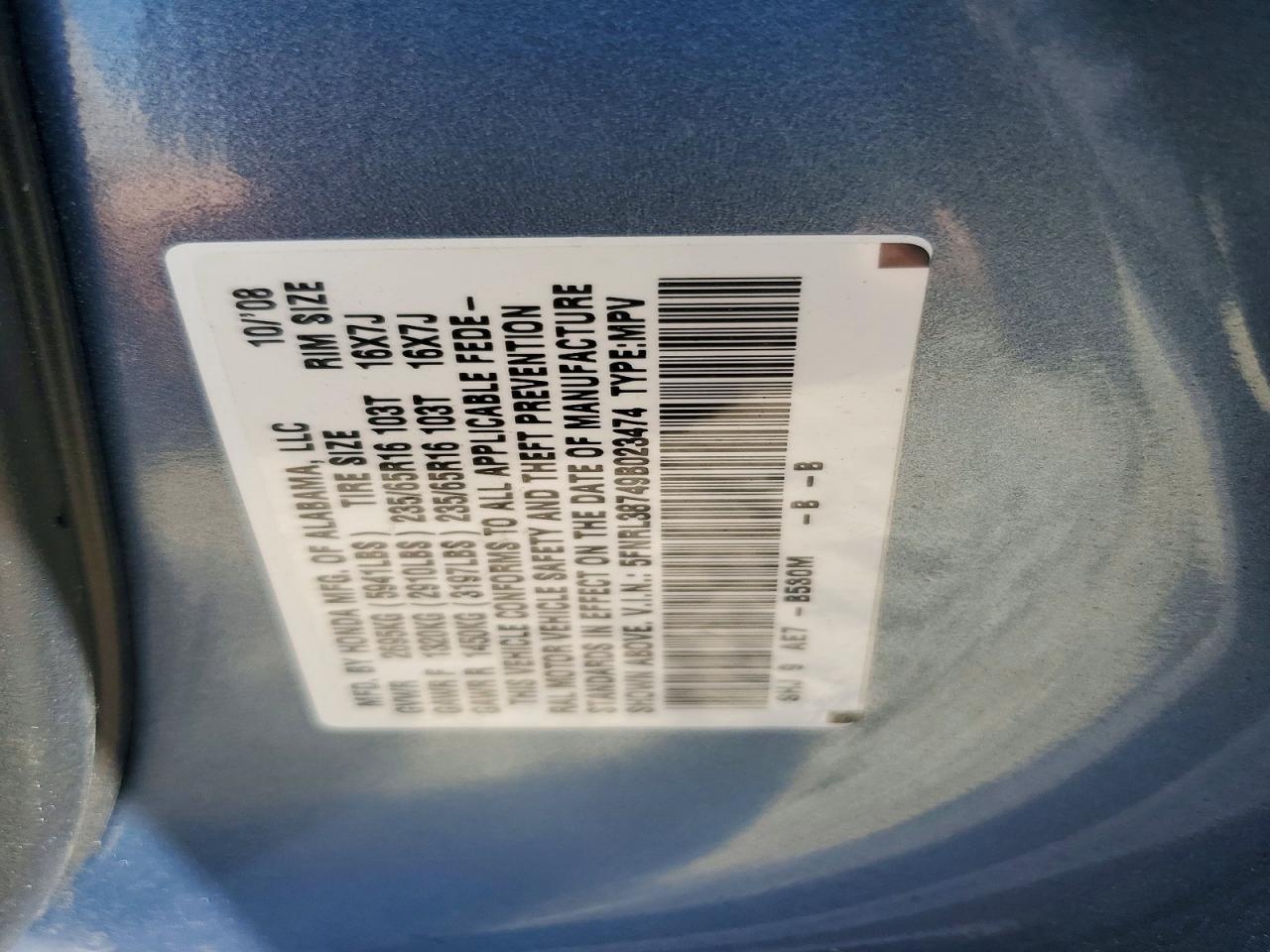 2009 Honda Odyssey Exl Blue vin: 5FNRL38749B023474