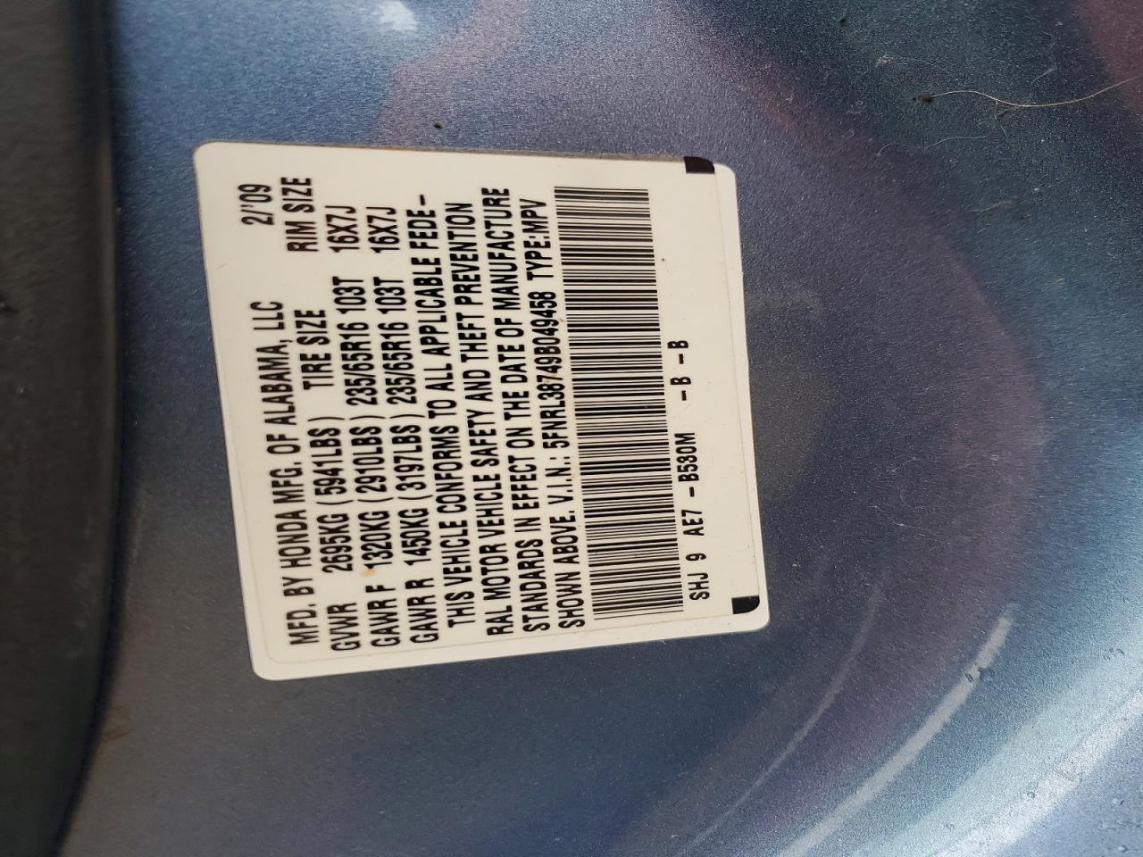 2009 Honda Odyssey Exl Синий vin: 5FNRL38749B049458