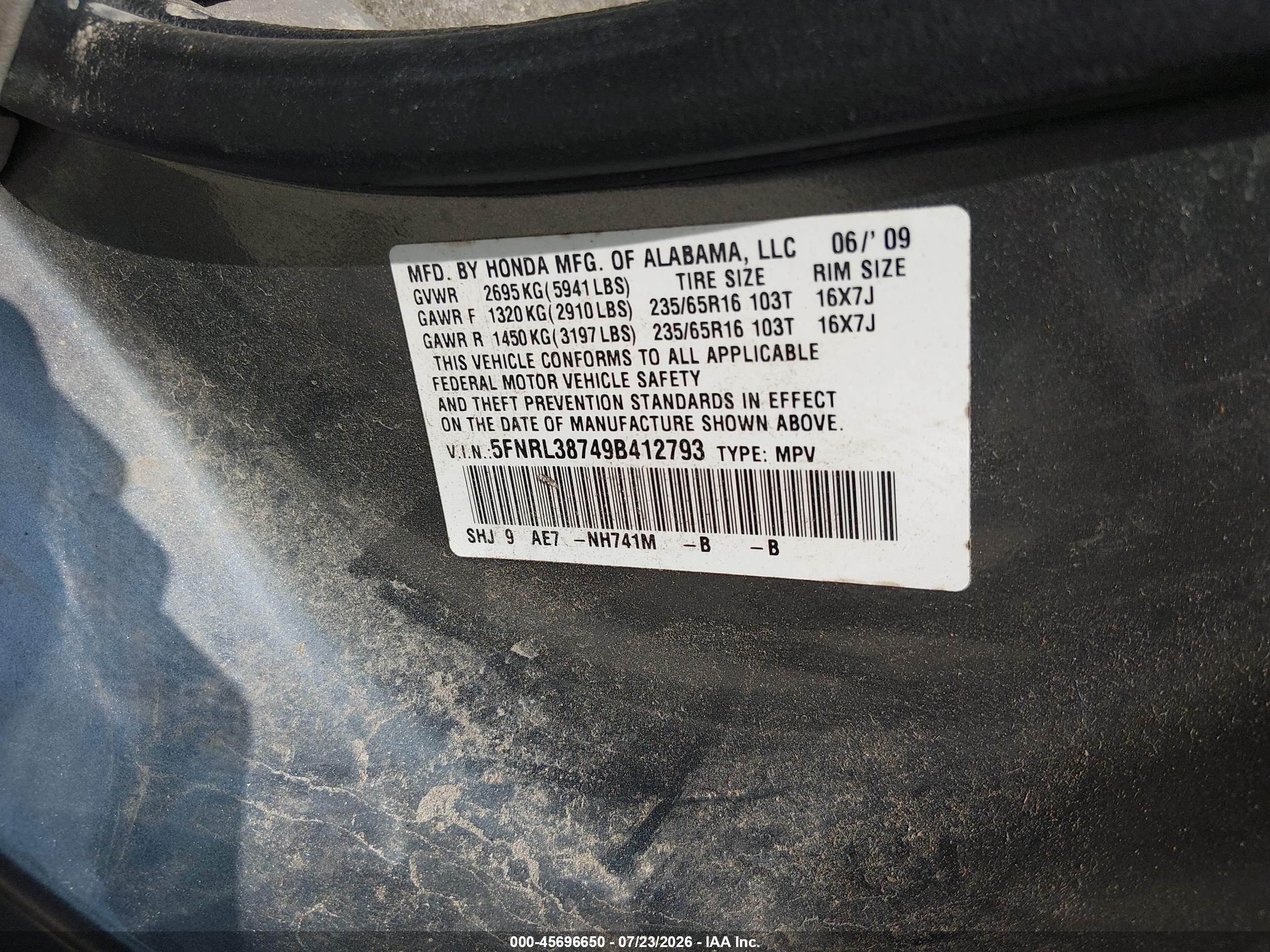2009 Honda Odyssey Ex-l Gray vin: 5FNRL38749B412793