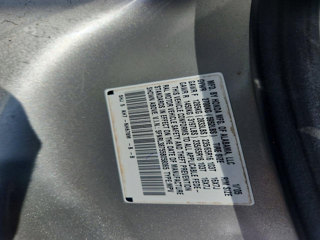 2005 Honda Odyssey Exl Silver vin: 5FNRL38755B058065