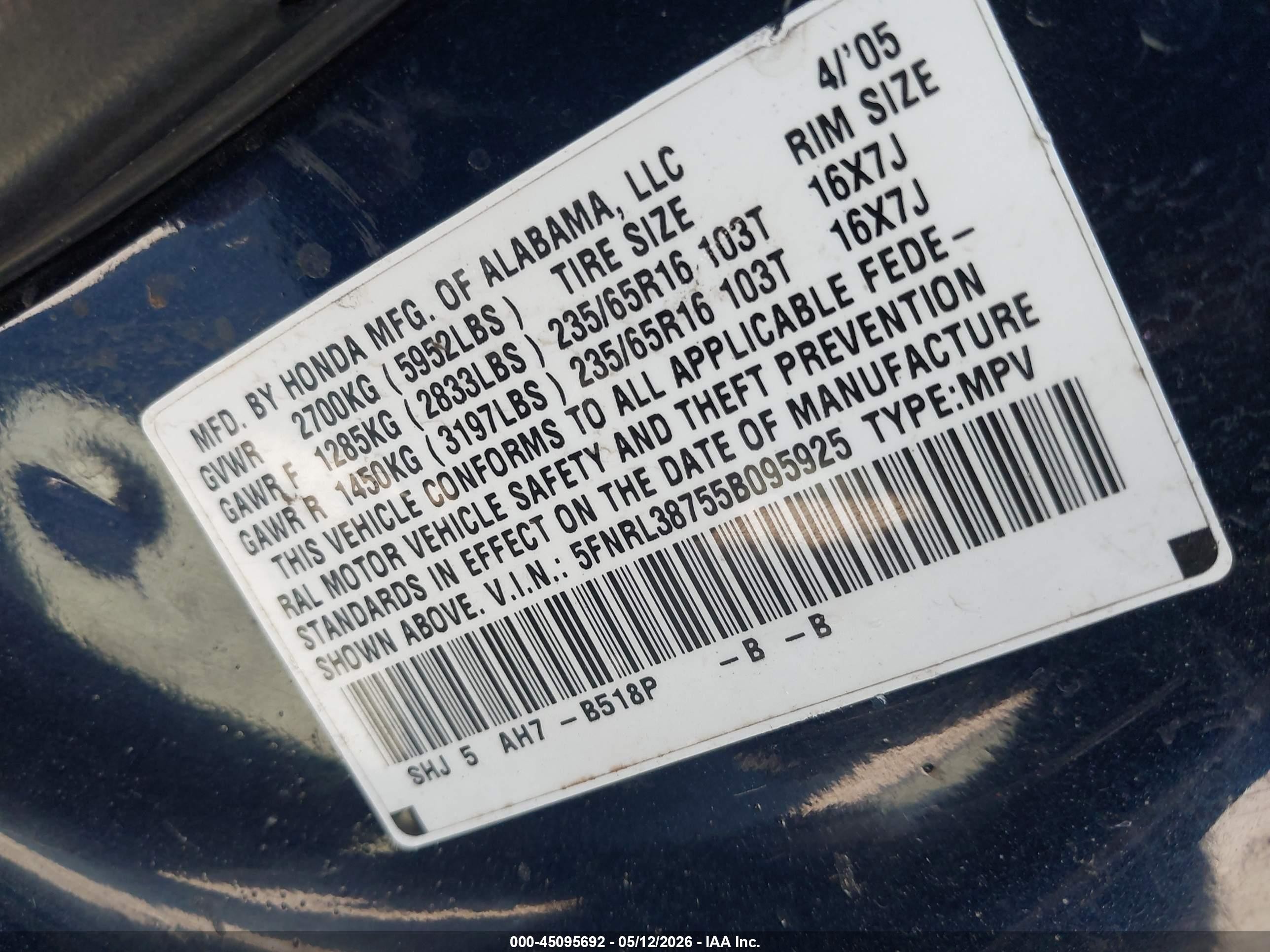 2005 Honda Odyssey Ex-l Blue vin: 5FNRL38755B095925