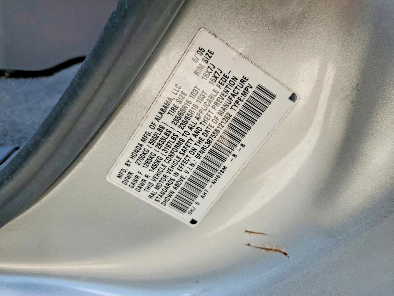 2005 Honda Odyssey Exl Silver vin: 5FNRL38755B121262