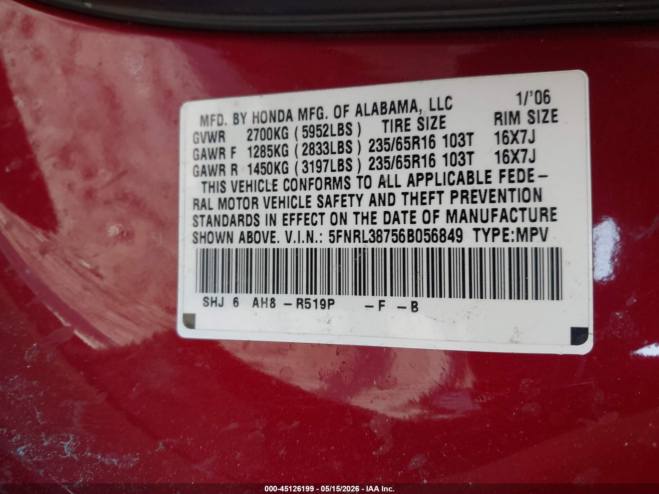 2006 Honda Odyssey Ex-l Red vin: 5FNRL38756B056849