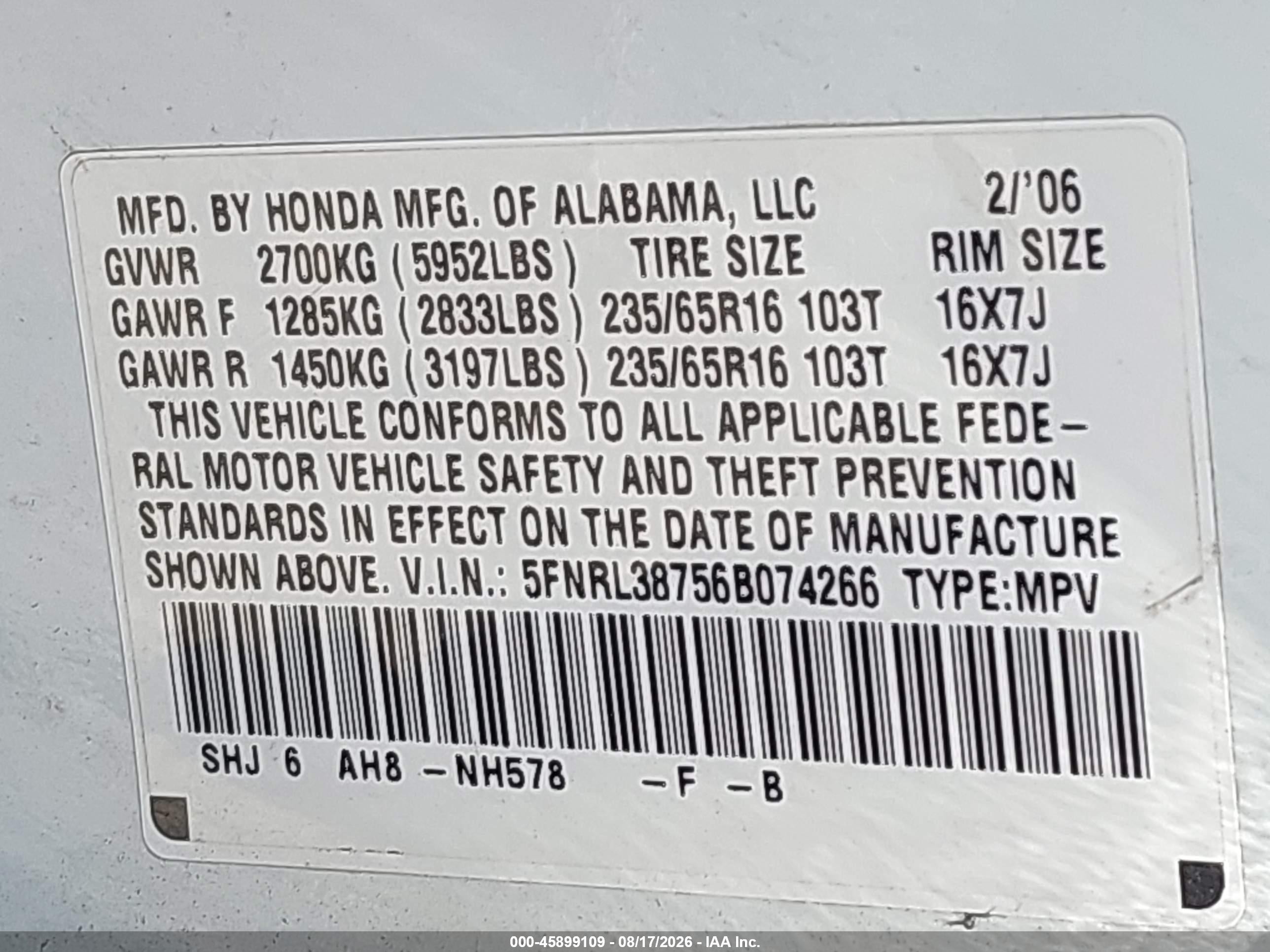 2006 Honda Odyssey Ex-l White vin: 5FNRL38756B074266