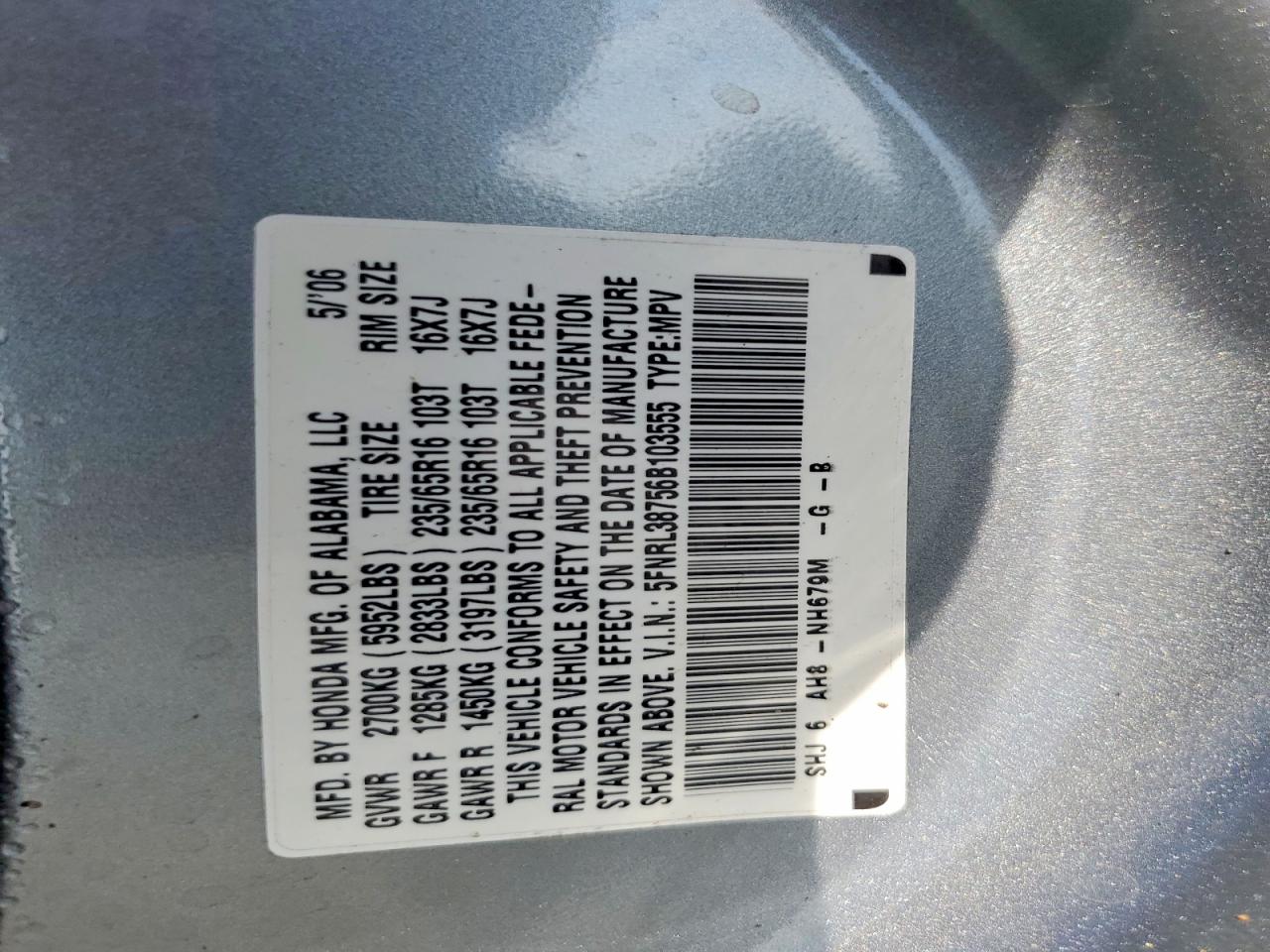 2006 Honda Odyssey Exl Silver vin: 5FNRL38756B103555