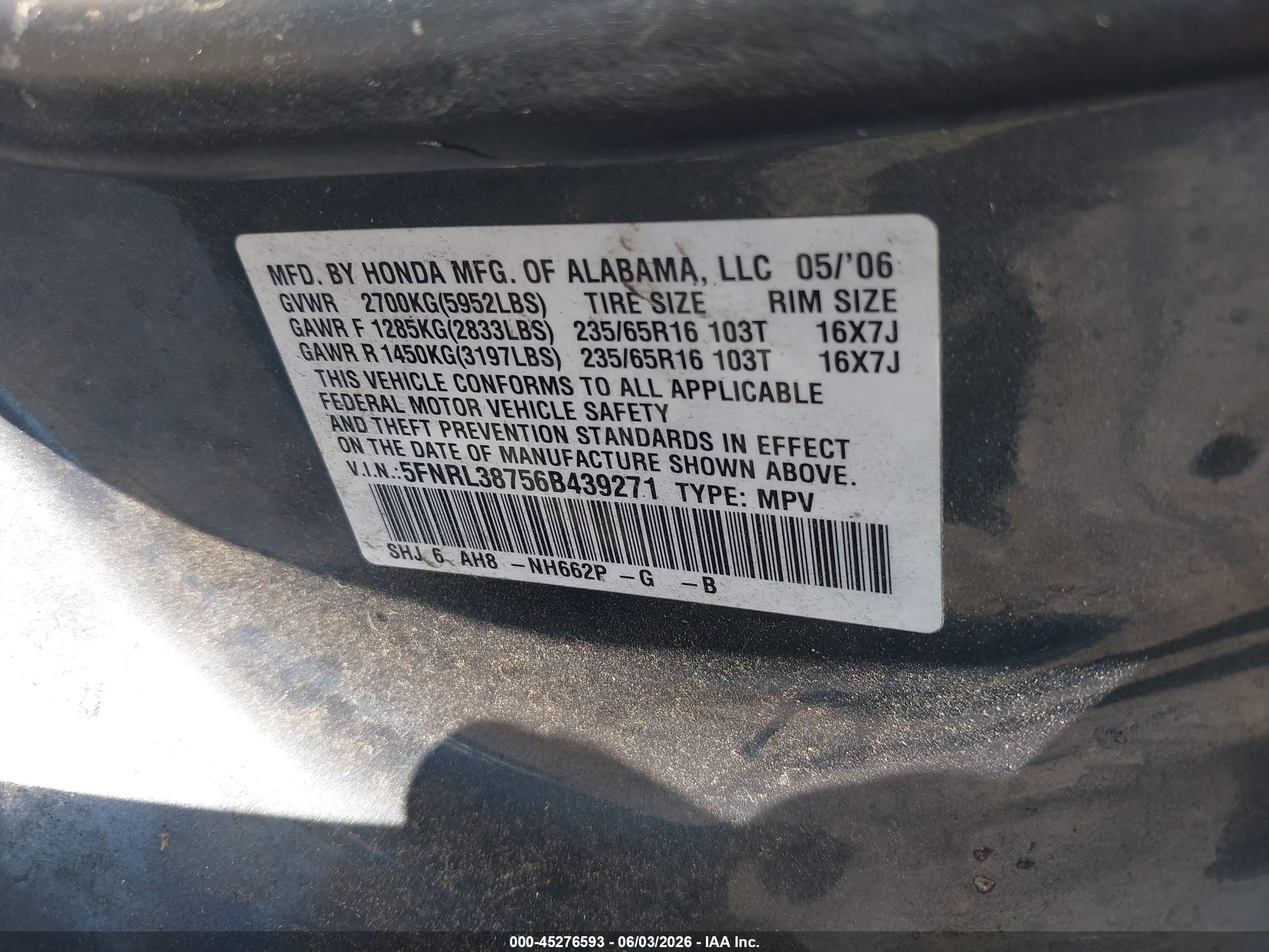 2006 Honda Odyssey Ex-l Gray vin: 5FNRL38756B439271