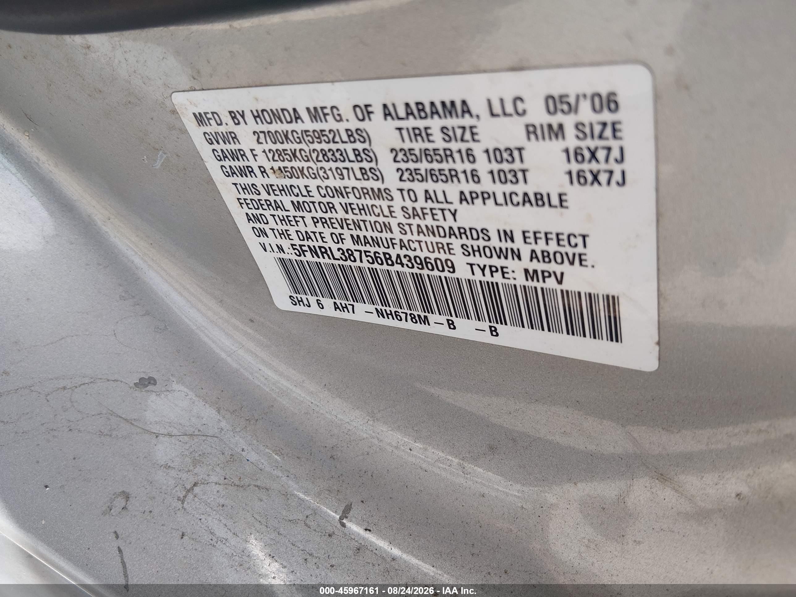 2006 Honda Odyssey Ex-l Серебряный vin: 5FNRL38756B439609