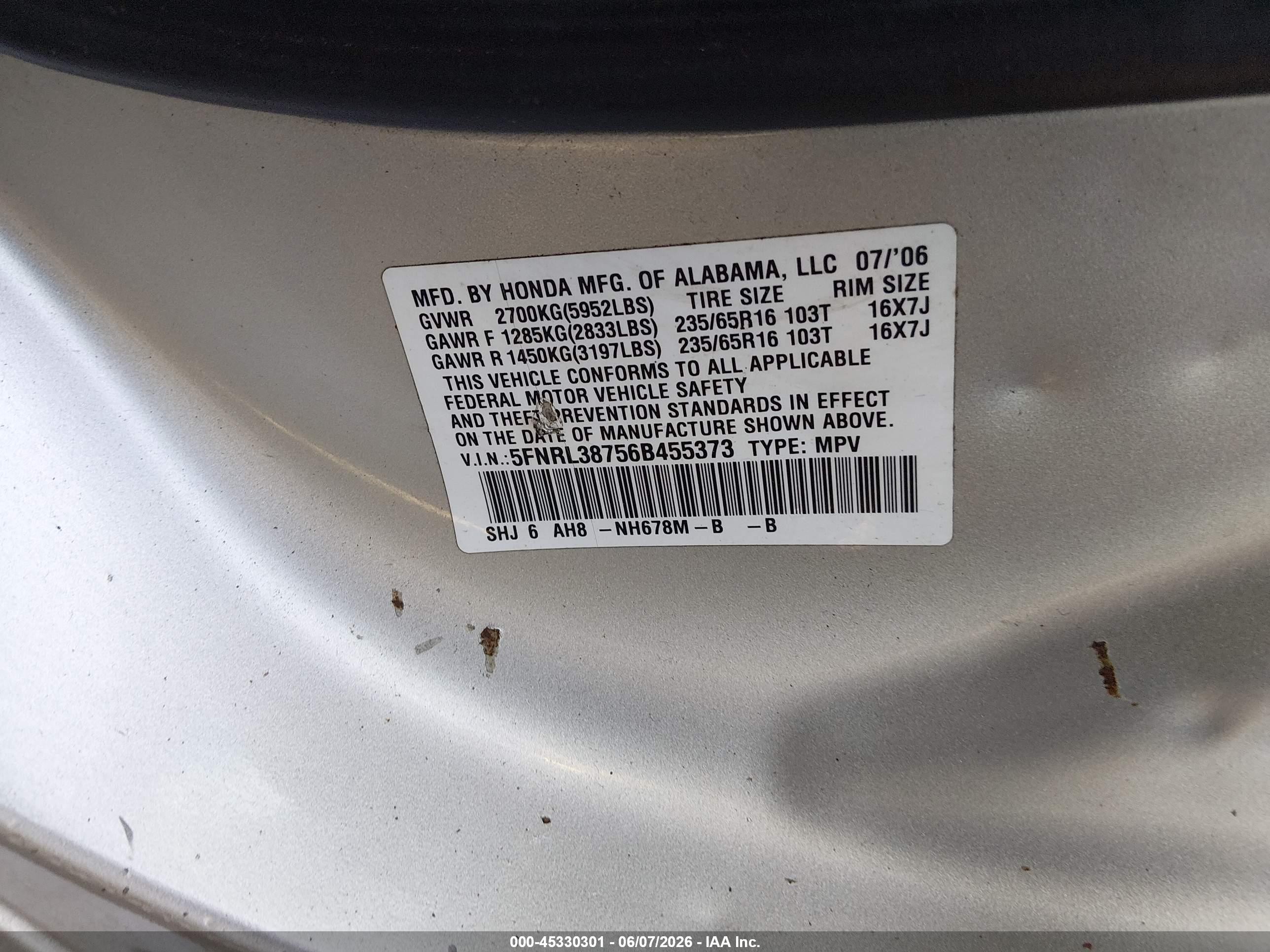 2006 Honda Odyssey Ex-l Gray vin: 5FNRL38756B455373