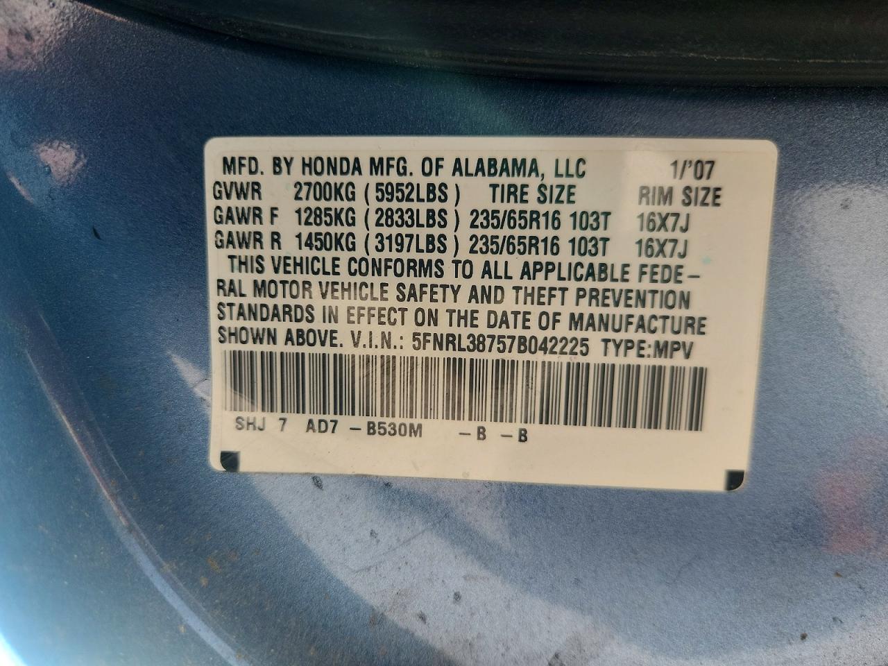 2007 Honda Odyssey Exl Blue vin: 5FNRL38757B042225