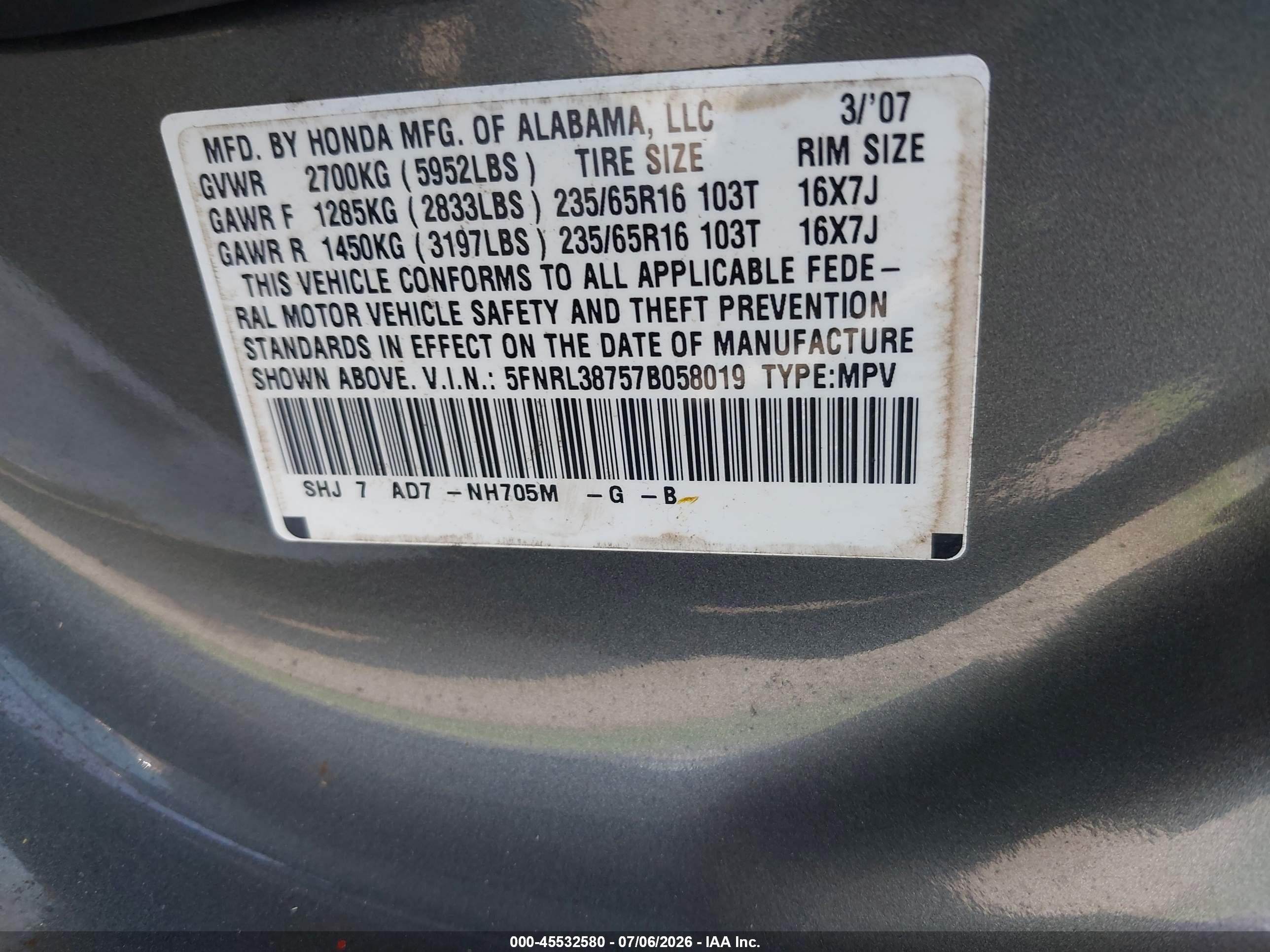 2007 Honda Odyssey Ex-l Gray vin: 5FNRL38757B058019