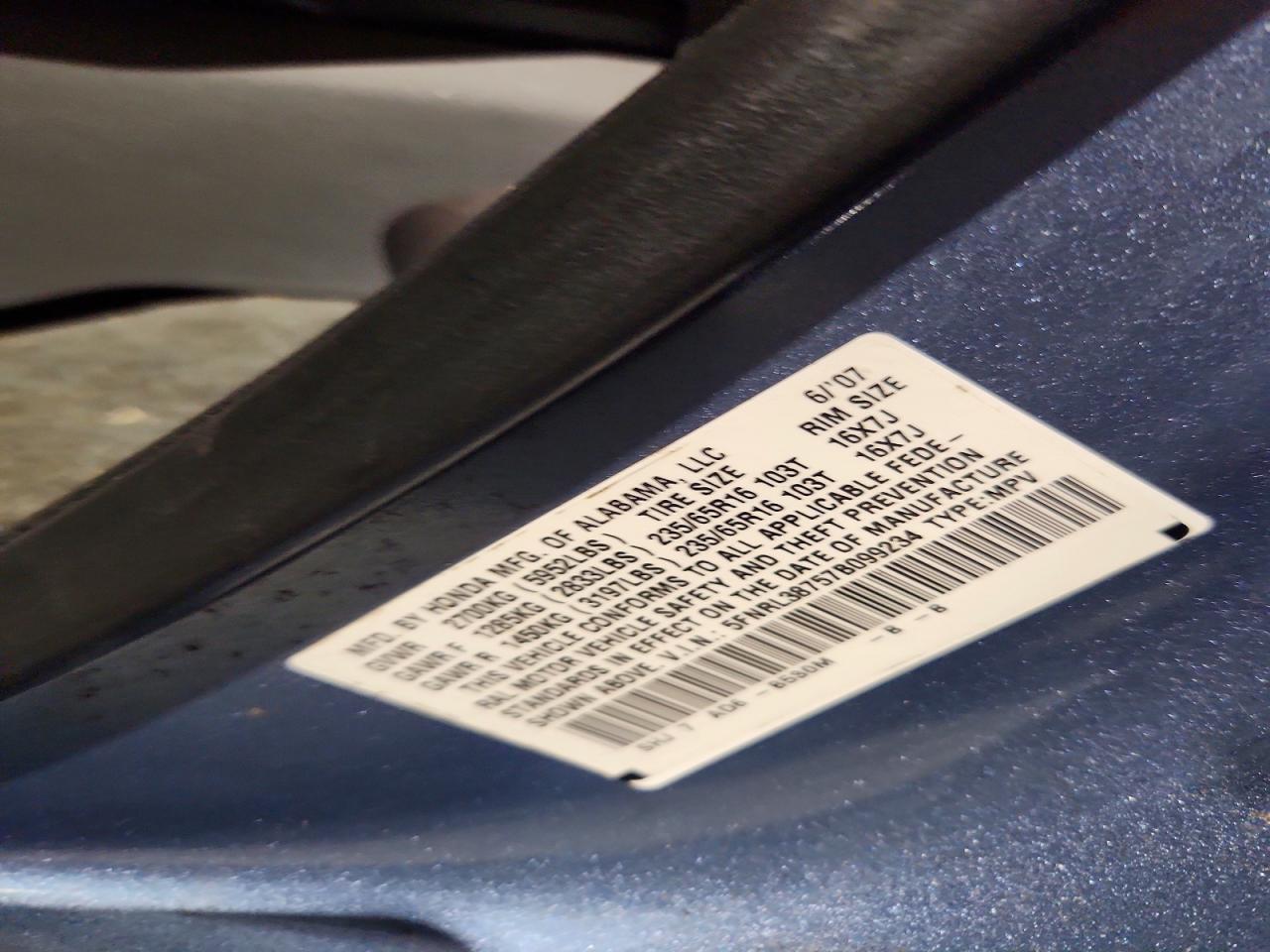 2007 Honda Odyssey Exl Blue vin: 5FNRL38757B099234