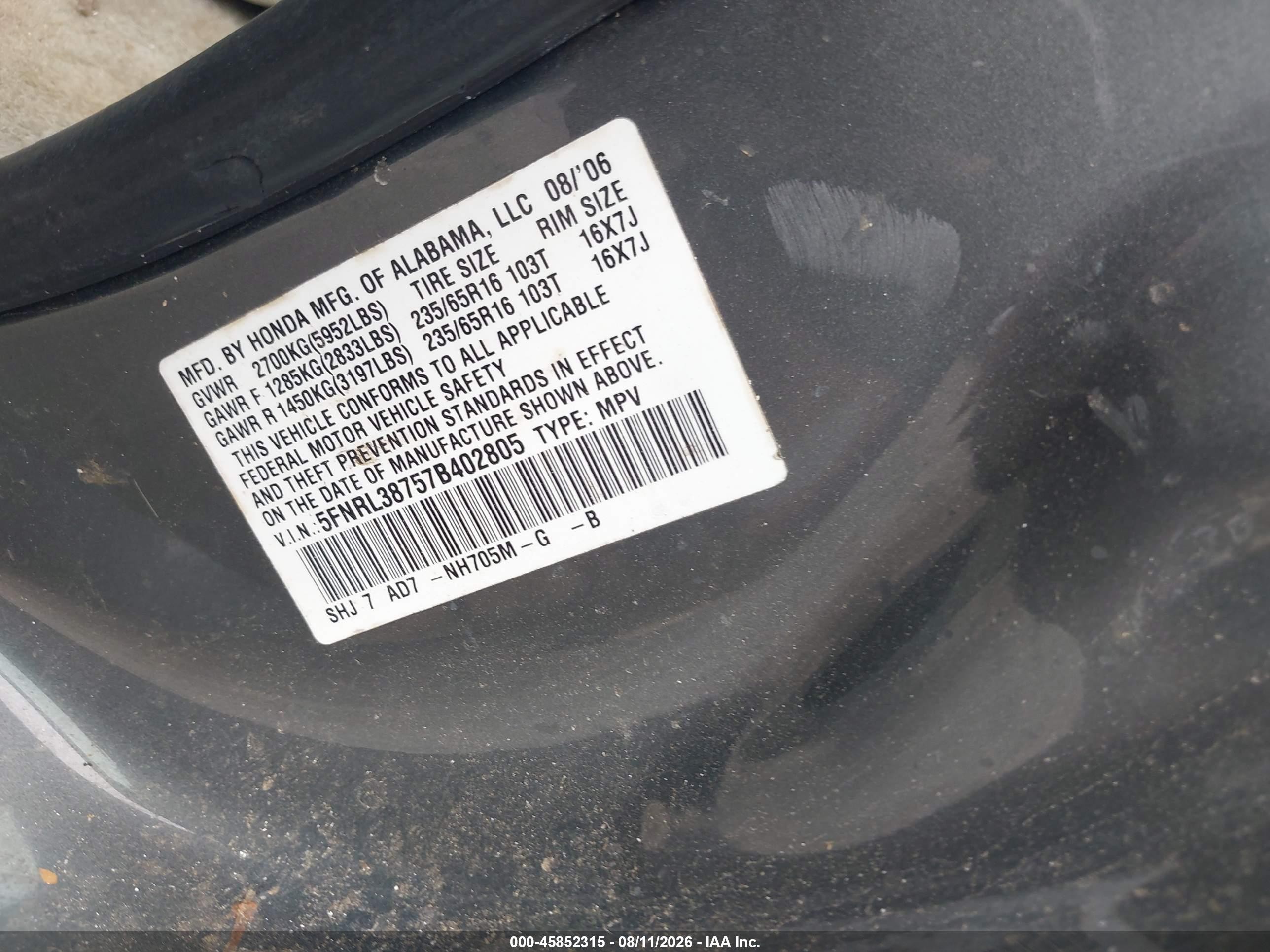 2007 Honda Odyssey Ex-l Gray vin: 5FNRL38757B402805