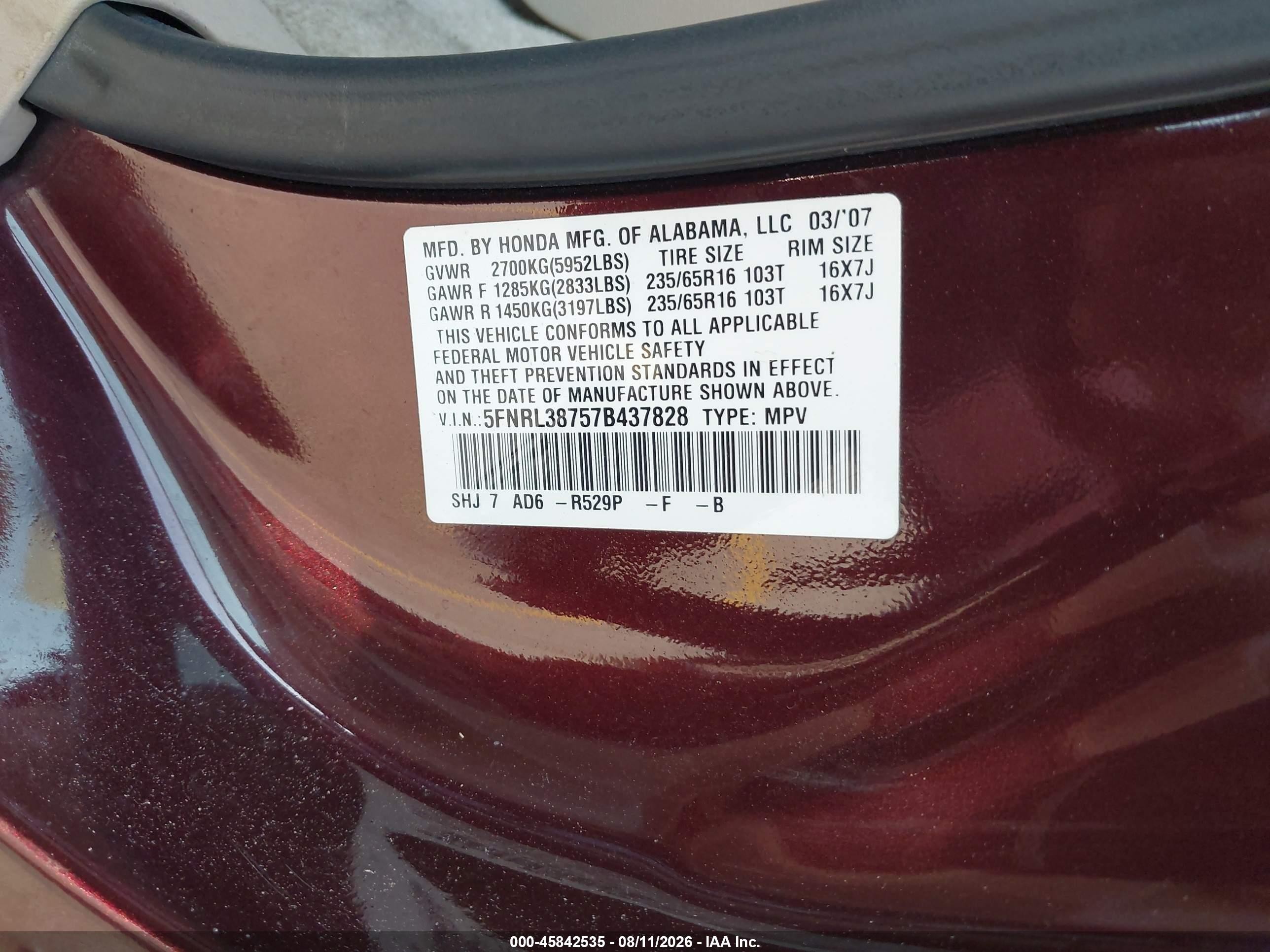2007 Honda Odyssey Ex-l Burgundy vin: 5FNRL38757B437828