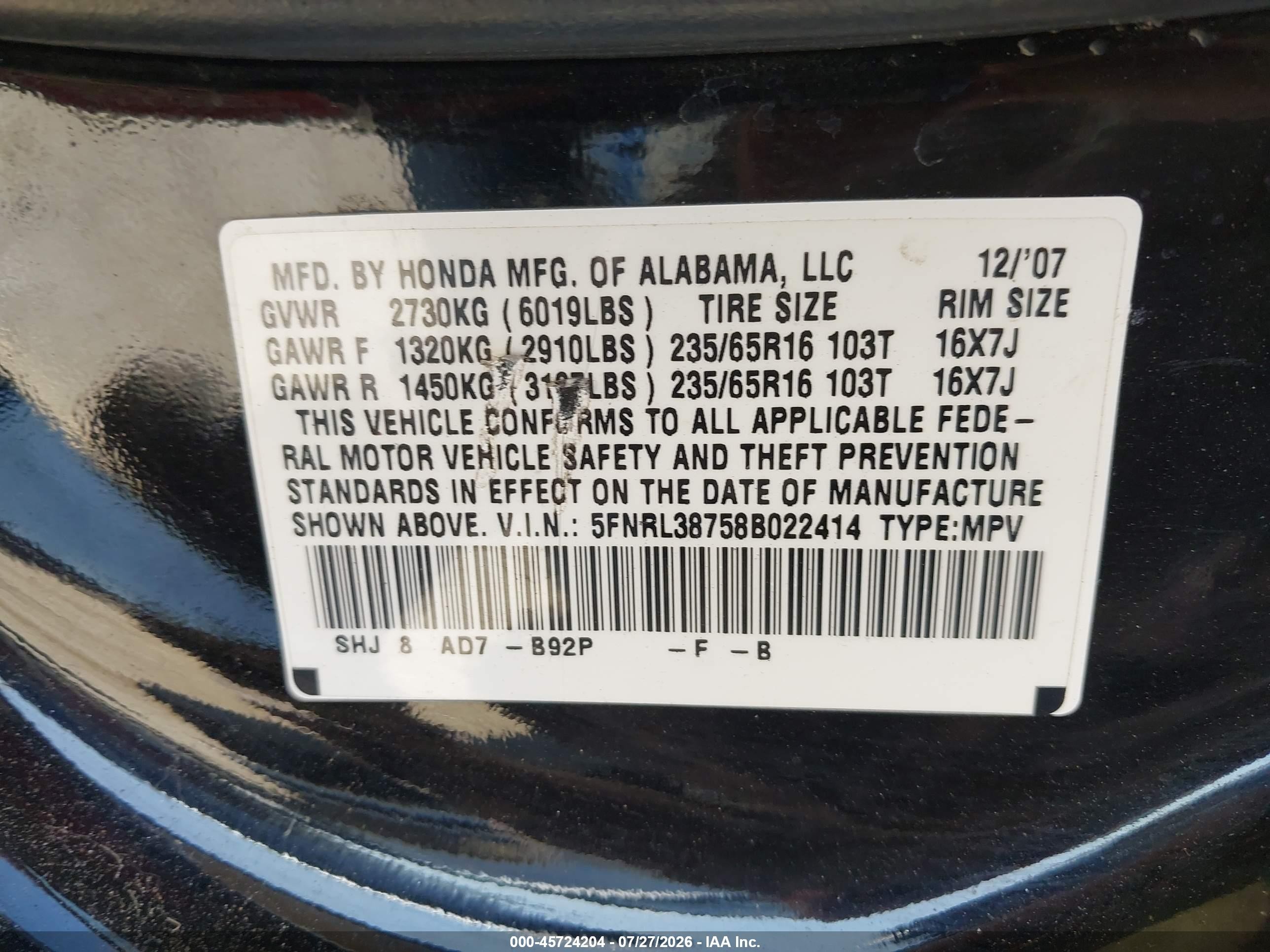 2008 Honda Odyssey Ex-l Black vin: 5FNRL38758B022414