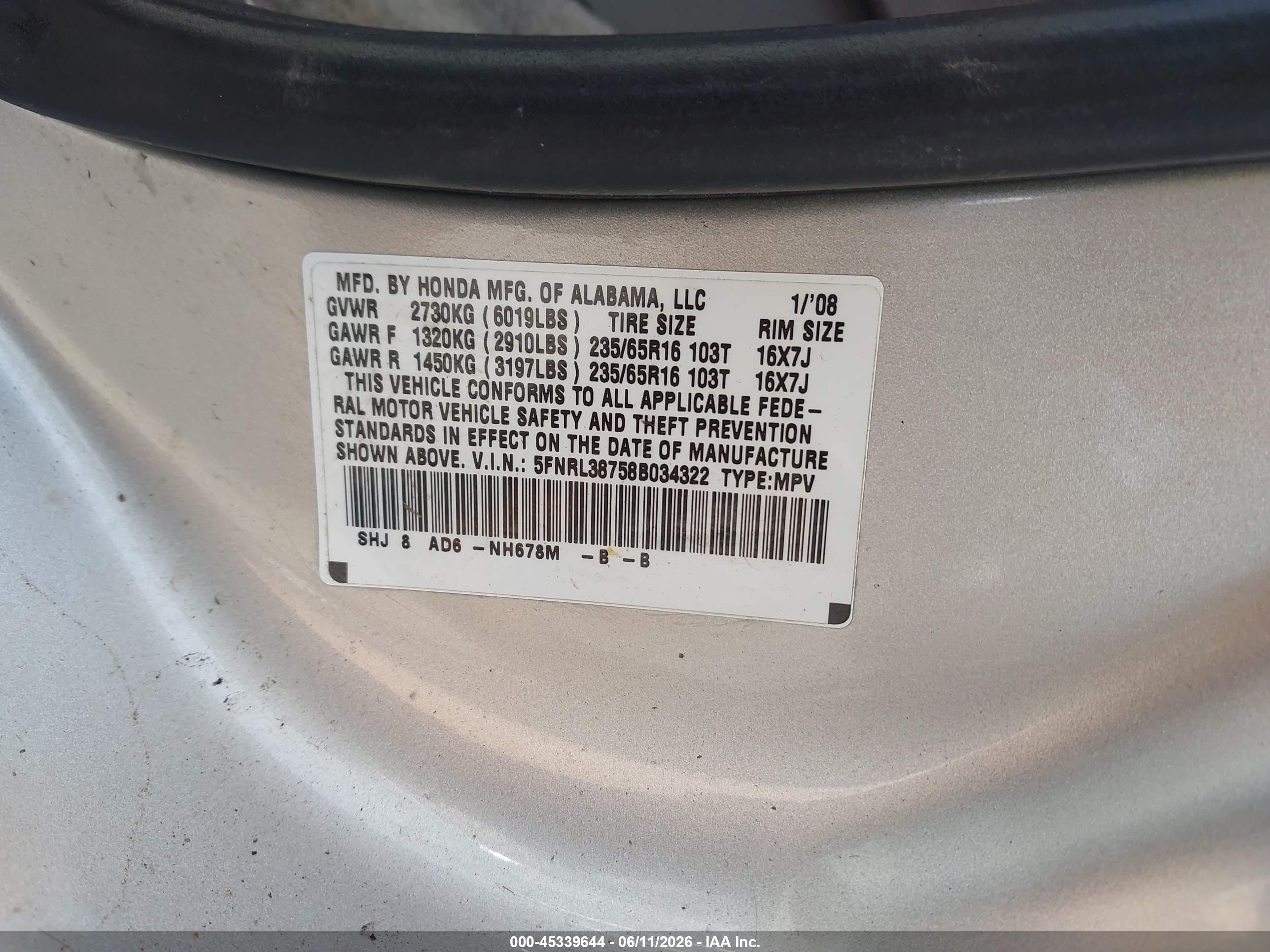 2008 Honda Odyssey Ex-l Silver vin: 5FNRL38758B034322
