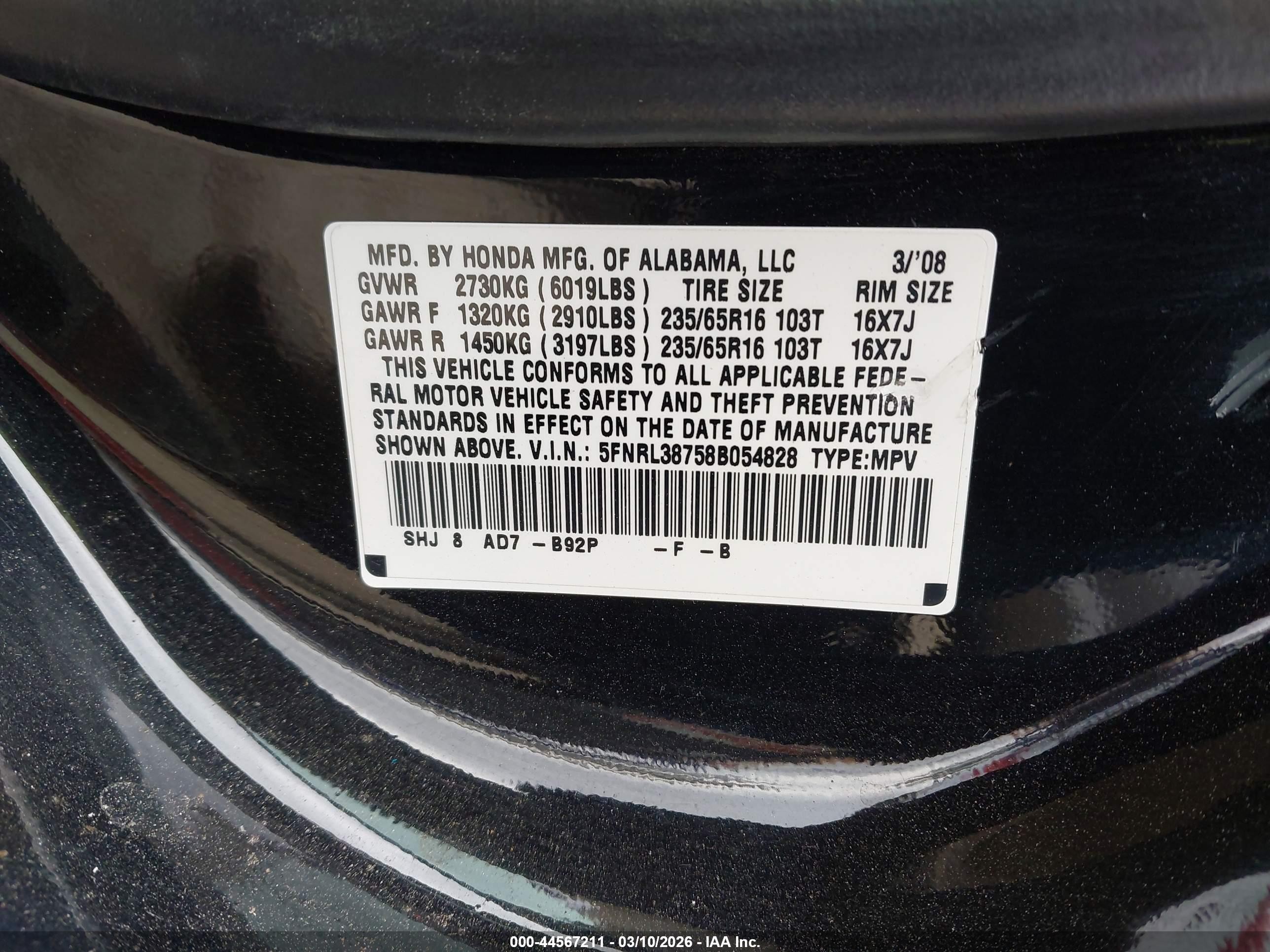 2008 Honda Odyssey Ex-l Черный vin: 5FNRL38758B054828