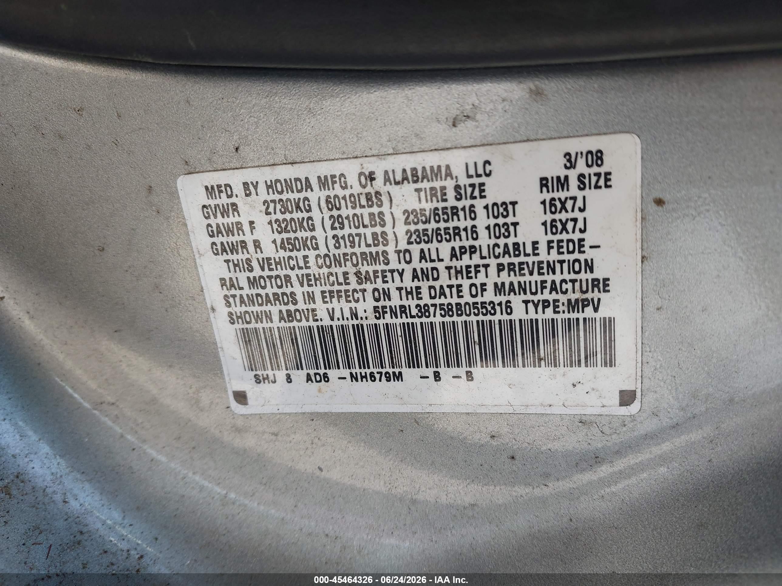 2008 Honda Odyssey Ex-l Blue vin: 5FNRL38758B055316