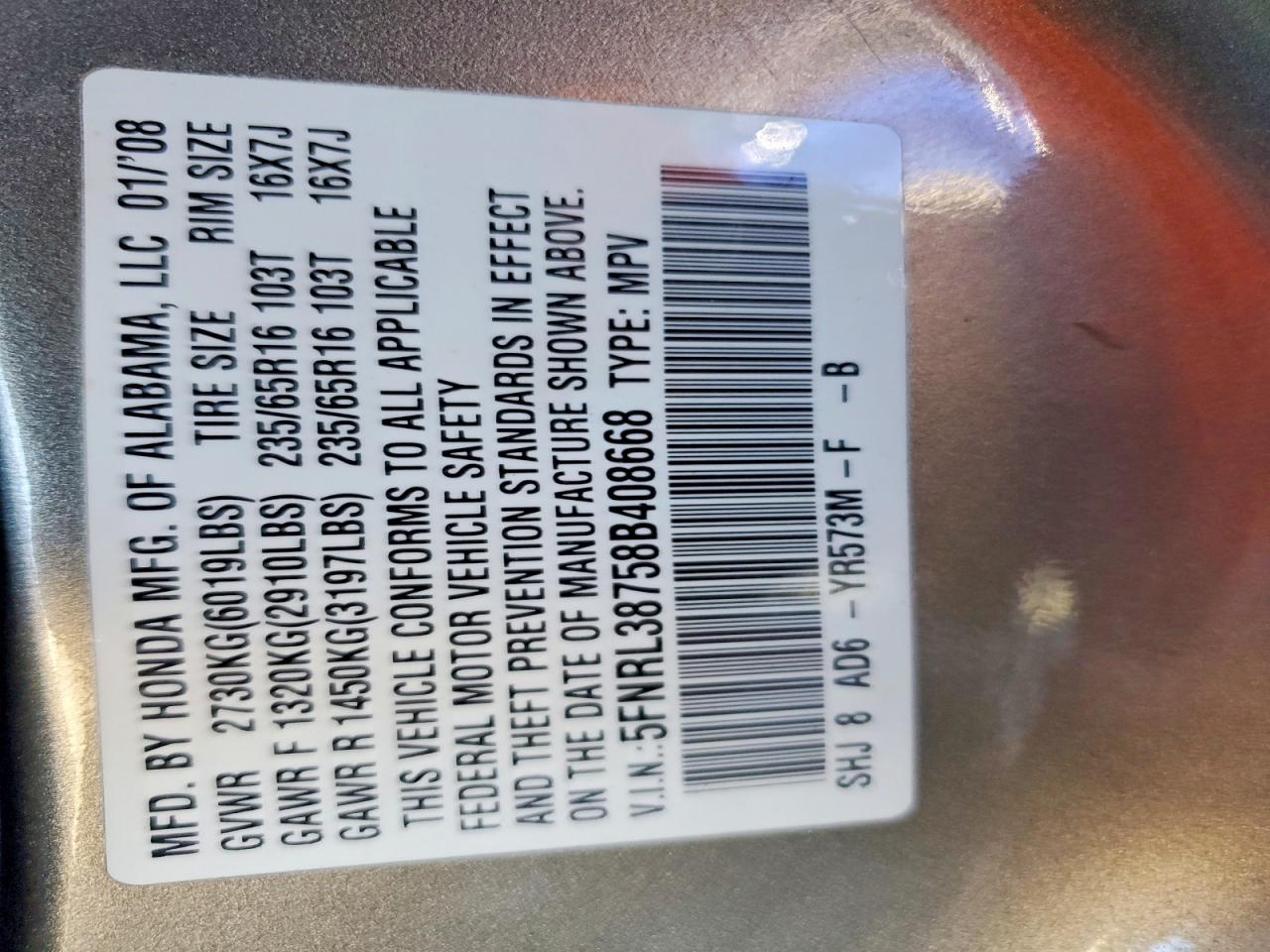 2008 Honda Odyssey Exl Tan vin: 5FNRL38758B408668