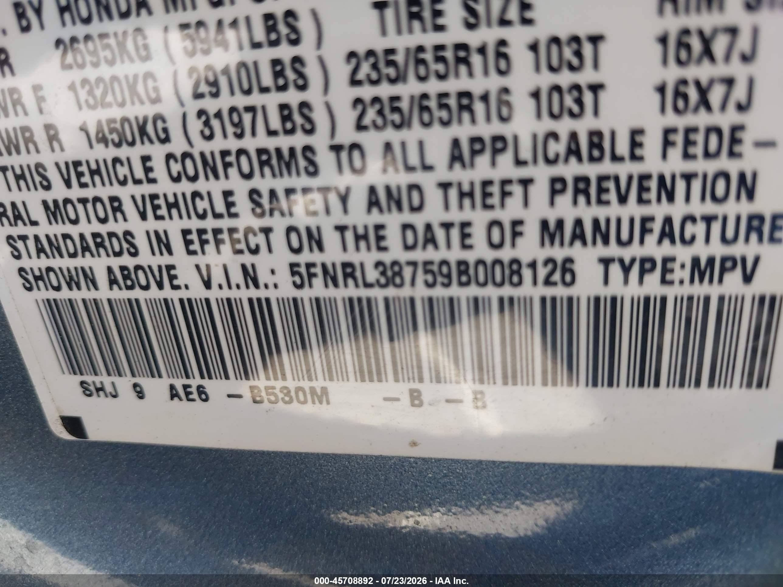 2009 Honda Odyssey Ex-l Blue vin: 5FNRL38759B008126