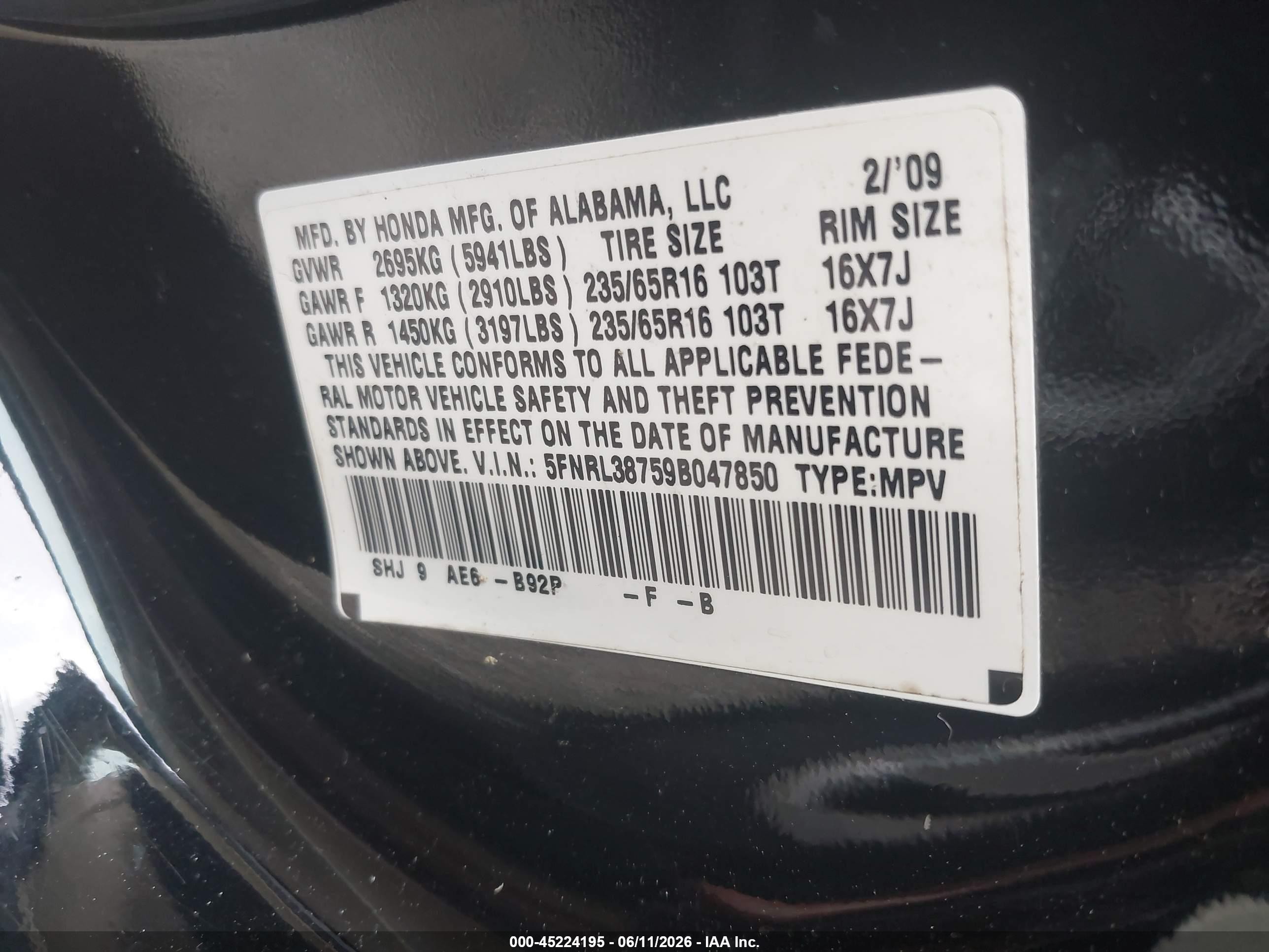 2009 Honda Odyssey Ex-l Black vin: 5FNRL38759B047850