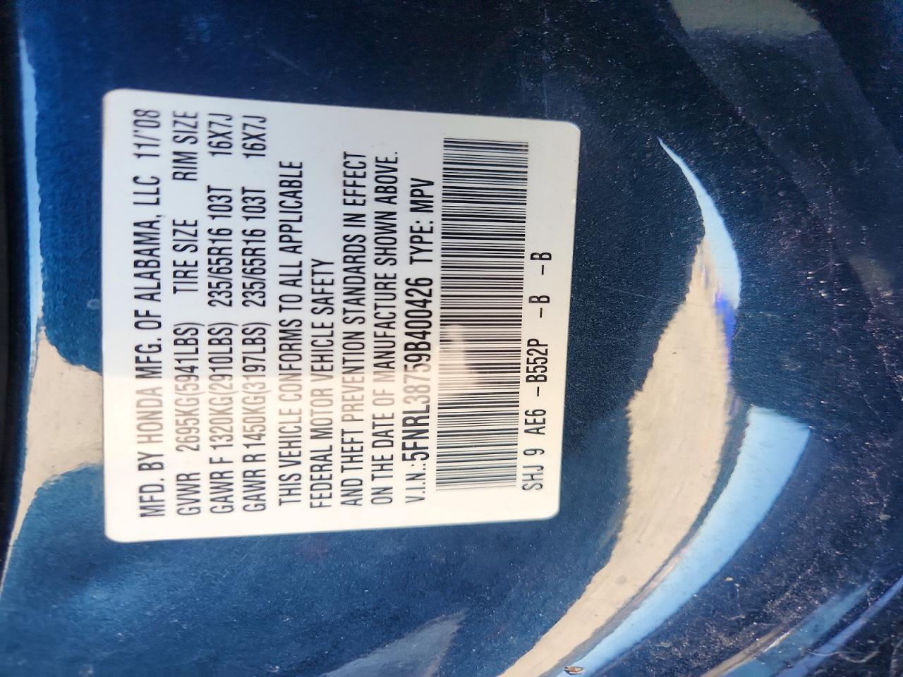 2009 Honda Odyssey Exl Blue vin: 5FNRL38759B400426