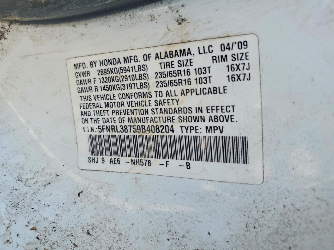 2009 Honda Odyssey Exl White vin: 5FNRL38759B408204