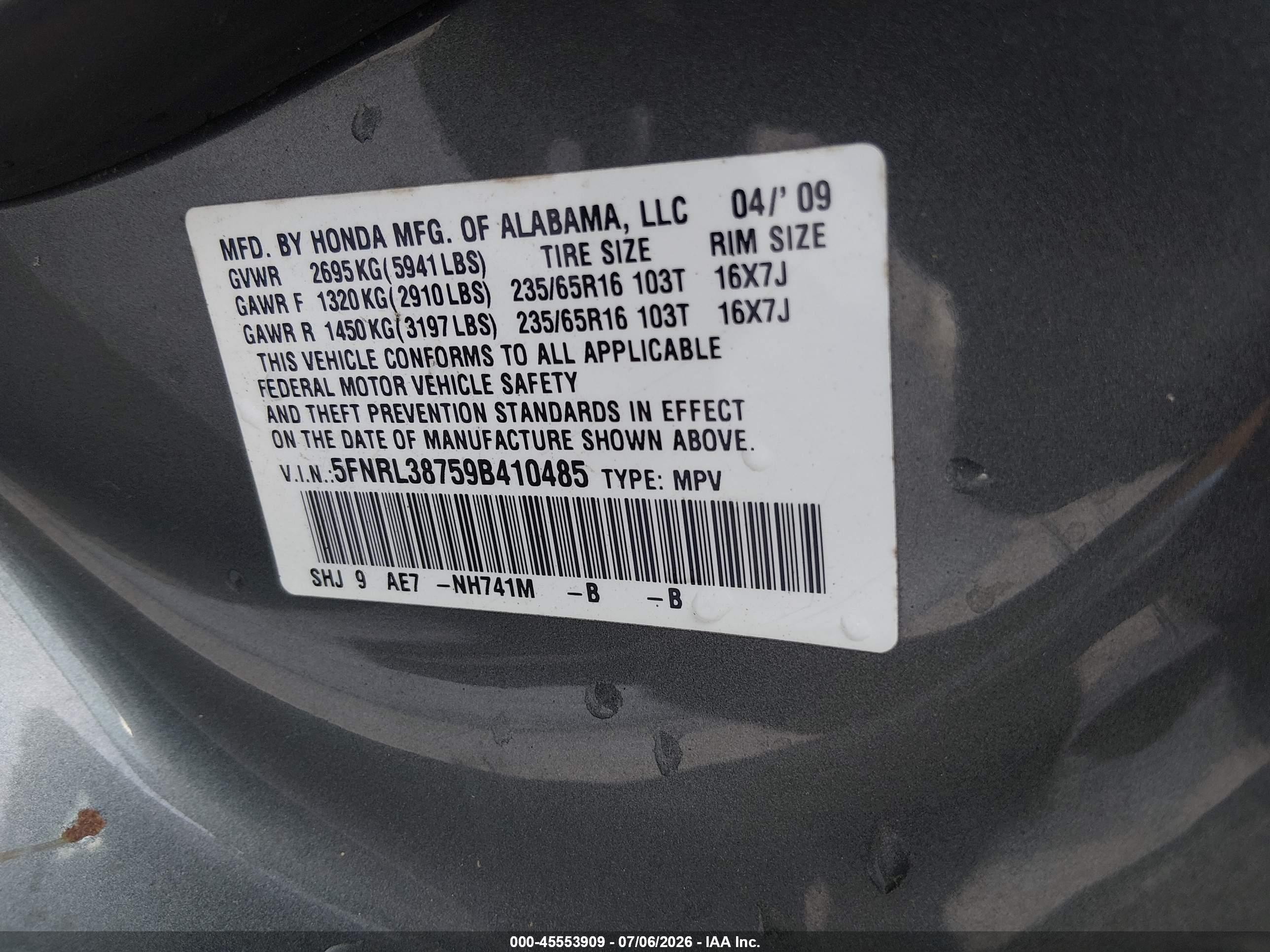 2009 Honda Odyssey Ex-l Gray vin: 5FNRL38759B410485