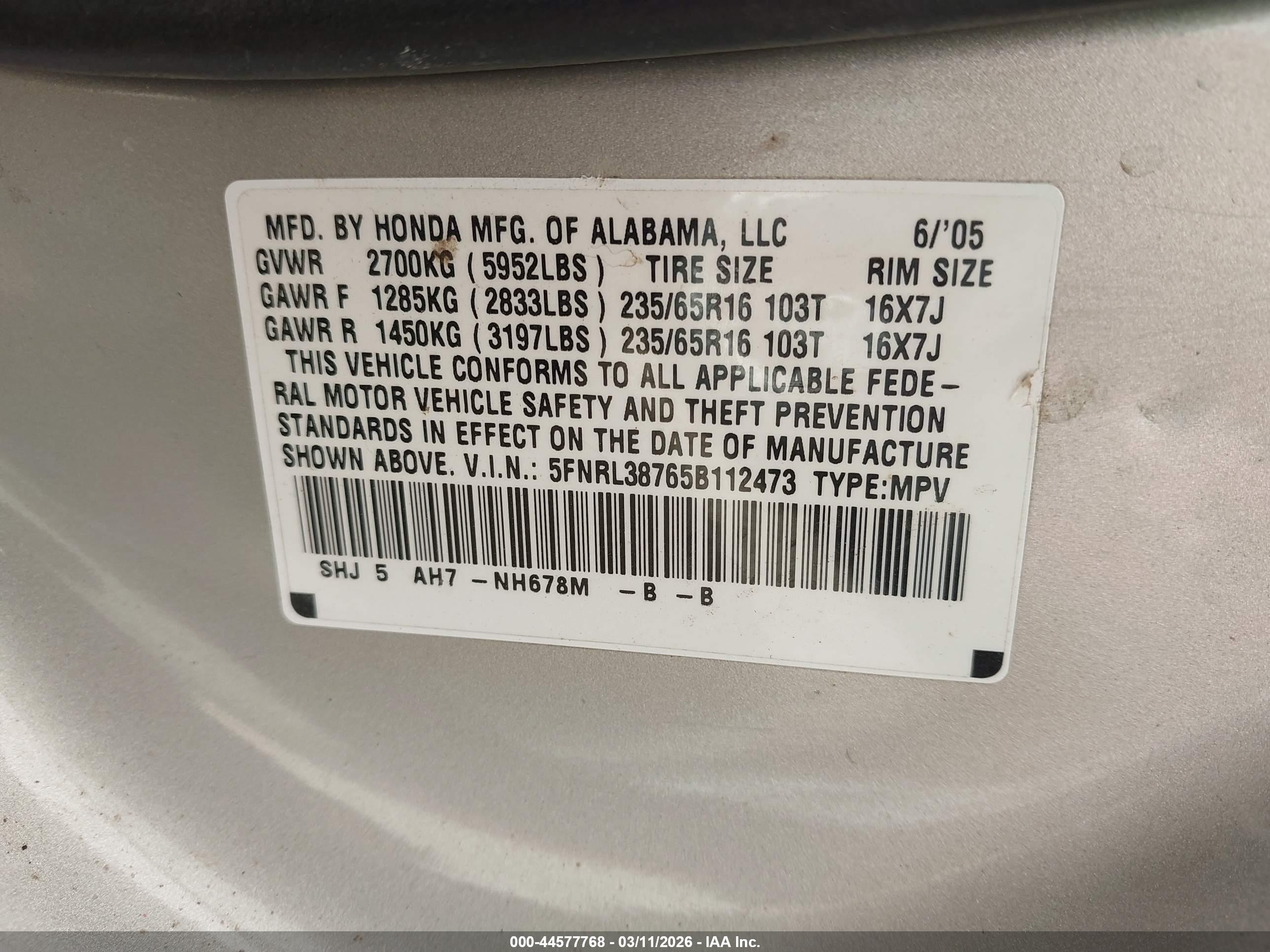 2005 Honda Odyssey Ex-l Gold vin: 5FNRL38765B112473
