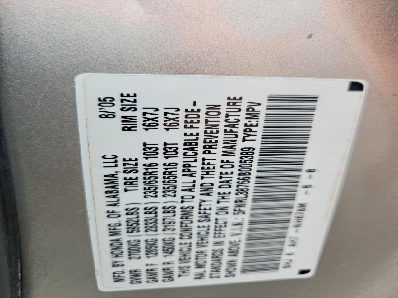 2006 Honda Odyssey Exl Silver vin: 5FNRL38766B005389
