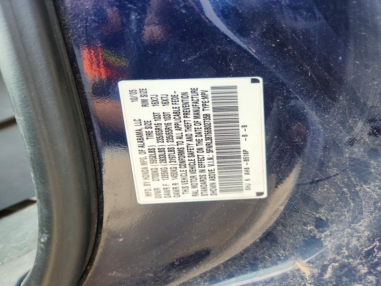 2006 Honda Odyssey Exl Blue vin: 5FNRL38766B027358